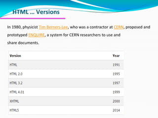 HTML … Versions
In 1980, physicist Tim Berners-Lee, who was a contractor at CERN, proposed and
prototyped ENQUIRE, a system for CERN researchers to use and
share documents.
 