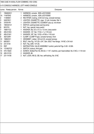 Ссылка Номер детали Кол-во Описание
1666 CASE IH AXIAL-FLOW COMBINE (1/93-12/94)
4-10 CONSOLE HARNESS, LEFT HAND CONSOLE
1 1994820C1 1 HARNESS, console , BSN JJC0105560
1A 114976A2 1 HARNESS, console , ASN JJC0105560
2 113699A1 2 RECTIFIER, locking, 2-5/8 inch long, console harness
3 245576C1 1 LIGHTER, CIGARETTE, cigar, 12 volt, Includes: Ref. 4
4 378781R1 1 LIGHTER, CIGARETTE, ELEMENT pop up, not shown
5 1983341C1 1 SWITCH, parking brake warning lamp
6 68107H 1 NUT, hex, special, lamp switch
7 166817C2 1 WASHER, flat, 9.0 x 51.0 x 1.6 mm, lamp switch
8 495-51053 1 WASHER, 1/2", flat, 17/32 x 1 x 1/16 inch
8 495-51041 1 WASHER, 3/8", flat, 13/32 x 47/64 x 1/16 inch
9 362120R1 1 CLAMP, CLAMP P-type, console harness, front
10 198823C1 1 GROMMET, rubber, 3/8 inch ID, console harness
11 68530C1 2 BOLT, Hex Flg, 1/4"-20 x 3/4", Serr, BOLT hex flange, 1/4 NC x 3/4 inch
12 231-5144 2 NUT, Flg, USR, 1/4"-20,
13 REF 1 INSTRUCTION, VALVE ASSEMBLY control, parts list Figs. 8-36 - 8-39A
14 1310827C2 1 SWITCH, lockout, third gear
15 470-10620 2 SCREW, Slotted Pan Hd, #6-32 x 1 1/4", machine, pan head slotted, No. 6 NC x 1-1/4 inch
16 495-31016 2 WASHER, #6,
17 231-14106 2 NUT, LOCK, #6-32, GB, hex, self-locking, No. 6 NC
 