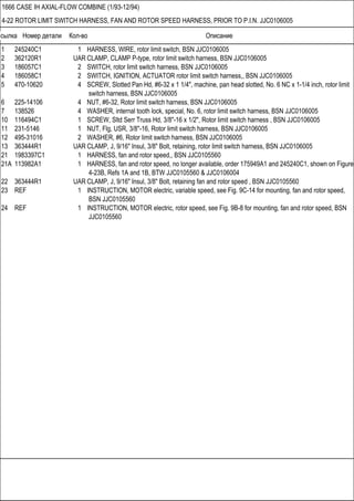 Ссылка Номер детали Кол-во Описание
1666 CASE IH AXIAL-FLOW COMBINE (1/93-12/94)
4-22 ROTOR LIMIT SWITCH HARNESS, FAN AND ROTOR SPEED HARNESS, PRIOR TO P.I.N. JJC0106005
1 245240C1 1 HARNESS, WIRE, rotor limit switch, BSN JJC0106005
2 362120R1 UAR CLAMP, CLAMP P-type, rotor limit switch harness, BSN JJC0106005
3 186057C1 2 SWITCH, rotor limit switch harness, BSN JJC0106005
4 186058C1 2 SWITCH, IGNITION, ACTUATOR rotor limit switch harness,, BSN JJC0106005
5 470-10620 4 SCREW, Slotted Pan Hd, #6-32 x 1 1/4", machine, pan head slotted, No. 6 NC x 1-1/4 inch, rotor limit
switch harness, BSN JJC0106005
6 225-14106 4 NUT, #6-32, Rotor limit switch harness, BSN JJC0106005
7 138526 4 WASHER, internal tooth lock, special, No. 6, rotor limit switch harness, BSN JJC0106005
10 116494C1 1 SCREW, Sltd Serr Truss Hd, 3/8"-16 x 1/2", Rotor limit switch harness , BSN JJC0106005
11 231-5146 1 NUT, Flg, USR, 3/8"-16, Rotor limit switch harness, BSN JJC0106005
12 495-31016 2 WASHER, #6, Rotor limit switch harness, BSN JJC0106005
13 363444R1 UAR CLAMP, J, 9/16" Insul, 3/8" Bolt, retaining, rotor limit switch harness, BSN JJC0106005
21 1983397C1 1 HARNESS, fan and rotor speed,, BSN JJC0105560
21A 113982A1 1 HARNESS, fan and rotor speed, no longer available, order 175949A1 and 245240C1, shown on Figure
4-23B, Refs 1A and 1B, BTW JJC0105560 & JJC0106004
22 363444R1 UAR CLAMP, J, 9/16" Insul, 3/8" Bolt, retaining fan and rotor speed , BSN JJC0105560
23 REF 1 INSTRUCTION, MOTOR electric, variable speed, see Fig. 9C-14 for mounting, fan and rotor speed,
BSN JJC0105560
24 REF 1 INSTRUCTION, MOTOR electric, rotor speed, see Fig. 9B-8 for mounting, fan and rotor speed, BSN
JJC0105560
 