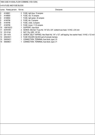 Ссылка Номер детали Кол-во Описание
1666 CASE IH AXIAL-FLOW COMBINE (1/93-12/94)
4-41A FUSE AND FUSE BLOCK
2 A149801 2 FUSE, light blue, 15 ampere
3 A149800 5 FUSE, red, 10 ampere
4 A149804 1 FUSE, light green, 30 ampere
5 A149798 2 FUSE, tan, 5 ampere
6 A149796 2 FUSE, violet, 3 ampere
7 A149799 3 FUSE, brown, 7-1/2 ampere
10 1280162C3 1 SUPPORT, fuse block
11 937875R1 2 SCREW, Sltd Serr Truss Hd, 1/4"-20 x 3/4", slotted truss head, 1/4 NC x 3/4 inch
12 231-5144 2 NUT, Flg, USR, 1/4"-20,
13 281-1478 2 SCREW, SELF TAPPING, Hex Wash Hd, 1/4" x 1/2", self tapping, hex washer head, 1/4 NC x 1/2 inch
14 245435C1 3 FUSE HOLDER, BLOCK part of console harness
15 506504C1 1 CONNECTION, TERMINAL fuse block, type L10
16 506498C1 1 CONNECTION, TERMINAL fuse block, type L11
 