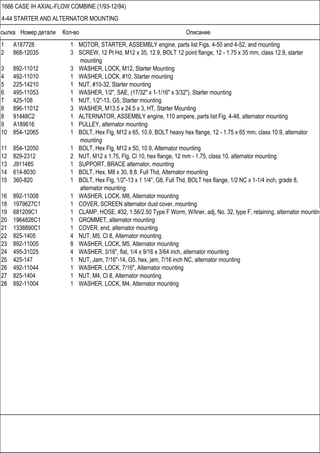 Ссылка Номер детали Кол-во Описание
1666 CASE IH AXIAL-FLOW COMBINE (1/93-12/94)
4-44 STARTER AND ALTERNATOR MOUNTING
1 A187728 1 MOTOR, STARTER, ASSEMBLY engine, parts list Figs. 4-50 and 4-52, and mounting
2 868-12035 3 SCREW, 12 Pt Hd, M12 x 35, 12.9, BOLT 12 point flange, 12 - 1.75 x 35 mm, class 12.9, starter
mounting
3 892-11012 3 WASHER, LOCK, M12, Starter Mounting
4 492-11010 1 WASHER, LOCK, #10, Starter mounting
5 225-14210 1 NUT, #10-32, Starter mounting
6 495-11053 1 WASHER, 1/2", SAE, (17/32" x 1-1/16" x 3/32"), Starter mounting
7 425-108 1 NUT, 1/2"-13, G5, Starter mounting
8 896-11012 3 WASHER, M13.5 x 24.5 x 3, HT, Starter Mounting
8 91448C2 1 ALTERNATOR, ASSEMBLY engine, 110 ampere, parts list Fig. 4-48, alternator mounting
9 A189616 1 PULLEY, alternator mounting
10 854-12065 1 BOLT, Hex Flg, M12 x 65, 10.9, BOLT heavy hex flange, 12 - 1.75 x 65 mm, class 10.9, alternator
mounting
11 854-12050 1 BOLT, Hex Flg, M12 x 50, 10.9, Alternator mounting
12 829-2312 2 NUT, M12 x 1.75, Flg, Cl 10, hex flange, 12 mm - 1.75, class 10, alternator mounting
13 J911485 1 SUPPORT, BRACE alternator, mounting
14 614-8030 1 BOLT, Hex, M8 x 30, 8.8, Full Thd, Alternator mounting
15 360-820 1 BOLT, Hex Flg, 1/2"-13 x 1 1/4", G8, Full Thd, BOLT hex flange, 1/2 NC x 1-1/4 inch, grade 8,
alternator mounting
16 892-11008 1 WASHER, LOCK, M8, Alternator mounting
18 1979627C1 1 COVER, SCREEN alternator dust cover, mounting
19 681209C1 1 CLAMP, HOSE, #32, 1.56/2.50 Type F Worm, W/liner, adj, No. 32, type F, retaining, alternator mounting
20 1964826C1 1 GROMMET, alternator mounting
21 1338890C1 1 COVER, end, alternator mounting
22 825-1405 4 NUT, M5, Cl 8, Alternator mounting
23 892-11005 8 WASHER, LOCK, M5, Alternator mounting
24 495-31025 4 WASHER, 3/16", flat, 1/4 x 9/16 x 3/64 inch, alternator mounting
25 425-147 1 NUT, Jam, 7/16"-14, G5, hex, jam, 7/16 inch NC, alternator mounting
26 492-11044 1 WASHER, LOCK, 7/16", Alternator mounting
27 825-1404 1 NUT, M4, Cl 8, Alternator mounting
28 892-11004 1 WASHER, LOCK, M4, Alternator mounting
 