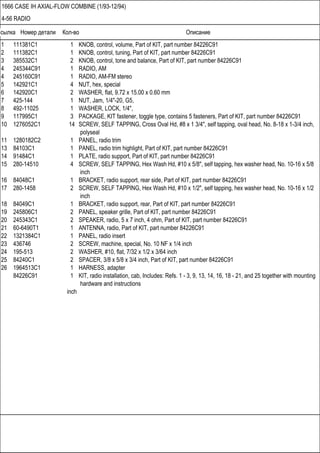 Ссылка Номер детали Кол-во Описание
1666 CASE IH AXIAL-FLOW COMBINE (1/93-12/94)
4-56 RADIO
1 111381C1 1 KNOB, control, volume, Part of KIT, part number 84226C91
2 111382C1 1 KNOB, control, tuning, Part of KIT, part number 84226C91
3 385532C1 2 KNOB, control, tone and balance, Part of KIT, part number 84226C91
4 245344C91 1 RADIO, AM
4 245160C91 1 RADIO, AM-FM stereo
5 142921C1 4 NUT, hex, special
6 142920C1 2 WASHER, flat, 9.72 x 15.00 x 0.60 mm
7 425-144 1 NUT, Jam, 1/4"-20, G5,
8 492-11025 1 WASHER, LOCK, 1/4",
9 117995C1 3 PACKAGE, KIT fastener, toggle type, contains 5 fasteners, Part of KIT, part number 84226C91
10 1276052C1 14 SCREW, SELF TAPPING, Cross Oval Hd, #8 x 1 3/4", self tapping, oval head, No. 8-18 x 1-3/4 inch,
polyseal
11 1280182C2 1 PANEL, radio trim
13 84103C1 1 PANEL, radio trim highlight, Part of KIT, part number 84226C91
14 91484C1 1 PLATE, radio support, Part of KIT, part number 84226C91
15 280-14510 4 SCREW, SELF TAPPING, Hex Wash Hd, #10 x 5/8", self tapping, hex washer head, No. 10-16 x 5/8
inch
16 84048C1 1 BRACKET, radio support, rear side, Part of KIT, part number 84226C91
17 280-1458 2 SCREW, SELF TAPPING, Hex Wash Hd, #10 x 1/2", self tapping, hex washer head, No. 10-16 x 1/2
inch
18 84049C1 1 BRACKET, radio support, rear, Part of KIT, part number 84226C91
19 245806C1 2 PANEL, speaker grille, Part of KIT, part number 84226C91
20 245343C1 2 SPEAKER, radio, 5 x 7 inch, 4 ohm, Part of KIT, part number 84226C91
21 60-6490T1 1 ANTENNA, radio, Part of KIT, part number 84226C91
22 1321384C1 1 PANEL, radio insert
23 436746 2 SCREW, machine, special, No. 10 NF x 1/4 inch
24 195-513 2 WASHER, #10, flat, 7/32 x 1/2 x 3/64 inch
25 84240C1 2 SPACER, 3/8 x 5/8 x 3/4 inch, Part of KIT, part number 84226C91
26 1964513C1 1 HARNESS, adapter
84226C91 1 KIT, radio installation, cab, Includes: Refs. 1 - 3, 9, 13, 14, 16, 18 - 21, and 25 together with mounting
hardware and instructions
inch
 
