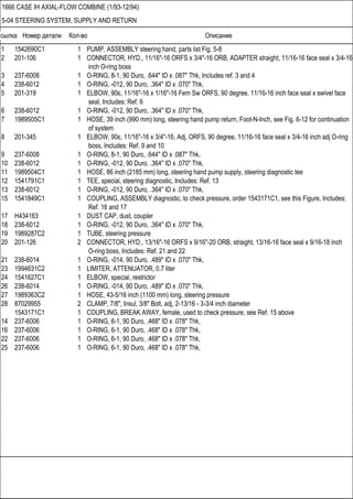 Ссылка Номер детали Кол-во Описание
1666 CASE IH AXIAL-FLOW COMBINE (1/93-12/94)
5-04 STEERING SYSTEM, SUPPLY AND RETURN
1 1542690C1 1 PUMP, ASSEMBLY steering hand, parts list Fig. 5-8
2 201-106 1 CONNECTOR, HYD., 11/16"-16 ORFS x 3/4"-16 ORB, ADAPTER straight, 11/16-16 face seal x 3/4-16
inch O-ring boss
3 237-6008 1 O-RING, 8-1, 90 Duro, .644" ID x .087" Thk, Includes ref. 3 and 4
4 238-6012 1 O-RING, -012, 90 Duro, .364" ID x .070" Thk,
5 201-319 1 ELBOW, 90є, 11/16"-16 x 1/16"-16 Fem Sw ORFS, 90 degree, 11/16-16 inch face seal x swivel face
seal, Includes: Ref. 6
6 238-6012 1 O-RING, -012, 90 Duro, .364" ID x .070" Thk,
7 1989505C1 1 HOSE, 39 inch (990 mm) long, steering hand pump return, Foot-N-Inch, see Fig. 6-12 for continuation
of system
8 201-345 1 ELBOW, 90є, 11/16"-16 x 3/4"-16, Adj, ORFS, 90 degree, 11/16-16 face seal x 3/4-16 inch adj O-ring
boss, Includes: Ref. 9 and 10
9 237-6008 1 O-RING, 8-1, 90 Duro, .644" ID x .087" Thk,
10 238-6012 1 O-RING, -012, 90 Duro, .364" ID x .070" Thk,
11 1989504C1 1 HOSE, 86 inch (2185 mm) long, steering hand pump supply, steering diagnostic tee
12 1541791C1 1 TEE, special, steering diagnostic, Includes: Ref. 13
13 238-6012 1 O-RING, -012, 90 Duro, .364" ID x .070" Thk,
15 1541849C1 1 COUPLING, ASSEMBLY diagnostic, to check pressure, order 1543171C1, see this Figure, Includes:
Ref. 16 and 17
17 H434163 1 DUST CAP, dust, coupler
18 238-6012 1 O-RING, -012, 90 Duro, .364" ID x .070" Thk,
19 1989287C2 1 TUBE, steering pressure
20 201-126 2 CONNECTOR, HYD., 13/16"-16 ORFS x 9/16"-20 ORB, straight, 13/16-16 face seal x 9/16-18 inch
O-ring boss, Includes: Ref. 21 and 22
21 238-6014 1 O-RING, -014, 90 Duro, .489" ID x .070" Thk,
23 1994631C2 1 LIMITER, ATTENUATOR, 0.7 liter
24 1541627C1 1 ELBOW, special, restrictor
26 238-6014 1 O-RING, -014, 90 Duro, .489" ID x .070" Thk,
27 1989363C2 1 HOSE, 43-5/16 inch (1100 mm) long, steering pressure
28 87029955 2 CLAMP, 7/8", Insul, 3/8" Bolt, adj, 2-13/16 - 3-3/4 inch diameter
1543171C1 1 COUPLING, BREAK AWAY, female, used to check pressure, see Ref. 15 above
14 237-6006 1 O-RING, 6-1, 90 Duro, .468" ID x .078" Thk,
16 237-6006 1 O-RING, 6-1, 90 Duro, .468" ID x .078" Thk,
22 237-6006 1 O-RING, 6-1, 90 Duro, .468" ID x .078" Thk,
25 237-6006 1 O-RING, 6-1, 90 Duro, .468" ID x .078" Thk,
 
