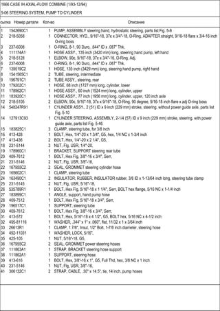Ссылка Номер детали Кол-во Описание
1666 CASE IH AXIAL-FLOW COMBINE (1/93-12/94)
5-06 STEERING SYSTEM, PUMP TO CYLINDER
1 1542690C1 1 PUMP, ASSEMBLY steering hand, hydrostatic steering, parts list Fig. 5-8
2 218-5058 1 CONNECTOR, HYD., 9/16"-18, 37є x 3/4"-18, O-Ring, ADAPTER straight, 9/16-18 flare x 3/4-16 inch
O-ring boss
3 237-6008 1 O-RING, 8-1, 90 Duro, .644" ID x .087" Thk,
4 111174A1 1 HOSE ASSY., 135 inch (3420 mm) long, steering hand pump, left hand
5 218-5128 1 ELBOW, 90є, 9/16"-18, 37є x 3/4"-16, O-Ring, Adj.
6 237-6008 1 O-RING, 8-1, 90 Duro, .644" ID x .087" Thk,
7 139519C2 1 HOSE, 135 inch (3429 mm) long, steering hand pump, right hand
8 1541565C1 2 TUBE, steering, intermediate
9 196791C1 2 TUBE ASSY., steering, rear
10 179202C1 1 HOSE, 68 inch (1727 mm) long, cylinder, lower
11 178962C1 1 HOSE ASSY., 60 inch (1524 mm) long, cylinder, upper
11 183920C1 1 HOSE ASSY., 77 inch (1956 mm) long, cylinder, upper, 120 inch axle
12 218-5105 2 ELBOW, 90є, 9/16"-18, 37є x 9/16"-18, O-Ring, 90 degree, 9/16-18 inch flare x adj O-ring boss
14 548247R91 1 CYLINDER ASSY., 2 (51) ID x 9 inch (229 mm) stroke, steering, without power guide axle, parts list
Fig. 5-10
14 127913C93 1 CYLINDER STEERING, ASSEMBLY, 2-1/4 (57) ID x 9 inch (229 mm) stroke, steering, with power
guide axle, parts list Fig. 5-46
15 183825C1 3 CLAMP, steering tube, for 3/8 inch
16 413-428 1 BOLT, Hex, 1/4"-20 x 1 3/4", G5, hex, 1/4 NC x 1-3/4 inch
17 413-436 2 BOLT, Hex, 1/4"-20 x 2 1/4", G5,
18 231-5144 3 NUT, Flg, USR, 1/4"-20,
19 178960C1 1 BRACKET, SUPPORT steering rear tube
20 409-7612 1 BOLT, Hex Flg, 3/8"-16 x 3/4", Serr,
21 231-5146 2 NUT, Flg, USR, 3/8"-16,
22 167955C2 2 SEAL, GROMMET steering cylinder hose
23 165602C1 1 CLAMP, steering tube
24 163490C1 2 INSULATOR, RUBBER, INSULATOR rubber, 3/8 ID x 1-13/64 inch long, steering tube clamp
25 231-5145 2 NUT, Flg, USR, 5/16"-18,
26 535789R1 1 BOLT, Hex Flg, 5/16"-18 x 1 1/4", Serr, BOLT hex flange, 5/16 NC x 1-1/4 inch
27 183899C1 1 ANGLE, support, hand pump hose
28 409-7512 1 BOLT, Hex Flg, 5/16"-18 x 3/4", Serr,
29 196517C1 1 SUPPORT, steering tube
30 409-7612 1 BOLT, Hex Flg, 3/8"-16 x 3/4", Serr,
31 413-572 1 BOLT, Hex, 5/16"-18 x 4 1/2", G5, BOLT hex, 5/16 NC x 4-1/2 inch
32 495-81116 1 WASHER, .344" x 1" x .060", flat, 11/32 x 1 x 3/64 inch
33 26613R1 1 CLAMP, 1 7/8", Insul, 1/2" Bolt, 1-7/8 inch diameter, steering hose
34 492-11031 1 WASHER, LOCK, 5/16",
35 425-105 1 NUT, 5/16"-18, G5,
36 167955C2 2 SEAL, GROMMET power steering hoses
37 111863A1 1 STRAP, BRACKET steering hose support
38 111862A1 1 SUPPORT, steering hose
39 413-616 1 BOLT, Hex, 3/8"-16 x 1", G5, Full Thd, hex, 3/8 NC x 1 inch
40 231-5146 1 NUT, Flg, USR, 3/8"-16,
41 306132C1 2 STRAP, CABLE, .30" x 14.5", tie, 14 inch, pump hoses
 