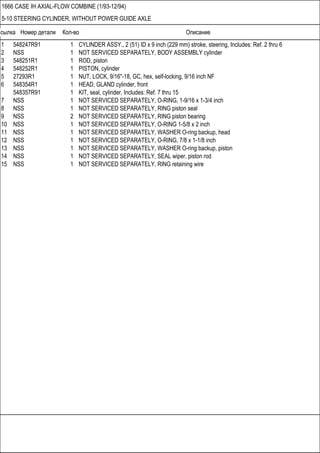 Ссылка Номер детали Кол-во Описание
1666 CASE IH AXIAL-FLOW COMBINE (1/93-12/94)
5-10 STEERING CYLINDER, WITHOUT POWER GUIDE AXLE
1 548247R91 1 CYLINDER ASSY., 2 (51) ID x 9 inch (229 mm) stroke, steering, Includes: Ref. 2 thru 6
2 NSS 1 NOT SERVICED SEPARATELY, BODY ASSEMBLY cylinder
3 548251R1 1 ROD, piston
4 548252R1 1 PISTON, cylinder
5 27293R1 1 NUT, LOCK, 9/16"-18, GC, hex, self-locking, 9/16 inch NF
6 548354R1 1 HEAD, GLAND cylinder, front
548357R91 1 KIT, seal, cylinder, Includes: Ref. 7 thru 15
7 NSS 1 NOT SERVICED SEPARATELY, O-RING, 1-9/16 x 1-3/4 inch
8 NSS 1 NOT SERVICED SEPARATELY, RING piston seal
9 NSS 2 NOT SERVICED SEPARATELY, RING piston bearing
10 NSS 1 NOT SERVICED SEPARATELY, O-RING 1-5/8 x 2 inch
11 NSS 1 NOT SERVICED SEPARATELY, WASHER O-ring backup, head
12 NSS 1 NOT SERVICED SEPARATELY, O-RING, 7/8 x 1-1/8 inch
13 NSS 1 NOT SERVICED SEPARATELY, WASHER O-ring backup, piston
14 NSS 1 NOT SERVICED SEPARATELY, SEAL wiper, piston rod
15 NSS 1 NOT SERVICED SEPARATELY, RING retaining wire
 
