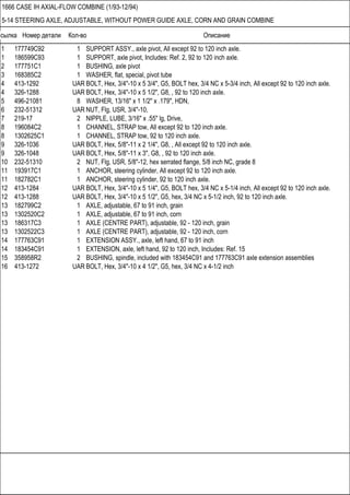 Ссылка Номер детали Кол-во Описание
1666 CASE IH AXIAL-FLOW COMBINE (1/93-12/94)
5-14 STEERING AXLE, ADJUSTABLE, WITHOUT POWER GUIDE AXLE, CORN AND GRAIN COMBINE
1 177749C92 1 SUPPORT ASSY., axle pivot, All except 92 to 120 inch axle.
1 186599C93 1 SUPPORT, axle pivot, Includes: Ref. 2, 92 to 120 inch axle.
2 177751C1 1 BUSHING, axle pivot
3 168385C2 1 WASHER, flat, special, pivot tube
4 413-1292 UAR BOLT, Hex, 3/4"-10 x 5 3/4", G5, BOLT hex, 3/4 NC x 5-3/4 inch, All except 92 to 120 inch axle.
4 326-1288 UAR BOLT, Hex, 3/4"-10 x 5 1/2", G8, , 92 to 120 inch axle.
5 496-21081 8 WASHER, 13/16" x 1 1/2" x .179", HDN,
6 232-51312 UAR NUT, Flg, USR, 3/4"-10,
7 219-17 2 NIPPLE, LUBE, 3/16" x .55" lg, Drive,
8 196084C2 1 CHANNEL, STRAP tow, All except 92 to 120 inch axle.
8 1302625C1 1 CHANNEL, STRAP tow, 92 to 120 inch axle.
9 326-1036 UAR BOLT, Hex, 5/8"-11 x 2 1/4", G8, , All except 92 to 120 inch axle.
9 326-1048 UAR BOLT, Hex, 5/8"-11 x 3", G8, , 92 to 120 inch axle.
10 232-51310 2 NUT, Flg, USR, 5/8"-12, hex serrated flange, 5/8 inch NC, grade 8
11 193917C1 1 ANCHOR, steering cylinder, All except 92 to 120 inch axle.
11 182782C1 1 ANCHOR, steering cylinder, 92 to 120 inch axle.
12 413-1284 UAR BOLT, Hex, 3/4"-10 x 5 1/4", G5, BOLT hex, 3/4 NC x 5-1/4 inch, All except 92 to 120 inch axle.
12 413-1288 UAR BOLT, Hex, 3/4"-10 x 5 1/2", G5, hex, 3/4 NC x 5-1/2 inch, 92 to 120 inch axle.
13 182799C2 1 AXLE, adjustable, 67 to 91 inch, grain
13 1302520C2 1 AXLE, adjustable, 67 to 91 inch, corn
13 186317C3 1 AXLE (CENTRE PART), adjustable, 92 - 120 inch, grain
13 1302522C3 1 AXLE (CENTRE PART), adjustable, 92 - 120 inch, corn
14 177763C91 1 EXTENSION ASSY., axle, left hand, 67 to 91 inch
14 183454C91 1 EXTENSION, axle, left hand, 92 to 120 inch, Includes: Ref. 15
15 358958R2 2 BUSHING, spindle, included with 183454C91 and 177763C91 axle extension assemblies
16 413-1272 UAR BOLT, Hex, 3/4"-10 x 4 1/2", G5, hex, 3/4 NC x 4-1/2 inch
 