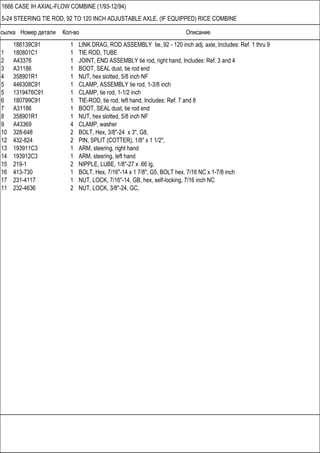 Ссылка Номер детали Кол-во Описание
1666 CASE IH AXIAL-FLOW COMBINE (1/93-12/94)
5-24 STEERING TIE ROD, 92 TO 120 INCH ADJUSTABLE AXLE, (IF EQUIPPED) RICE COMBINE
186139C91 1 LINK DRAG, ROD ASSEMBLY tie, 92 - 120 inch adj. axle, Includes: Ref. 1 thru 9
1 180801C1 1 TIE ROD, TUBE
2 A43376 1 JOINT, END ASSEMBLY tie rod, right hand, Includes: Ref. 3 and 4
3 A31186 1 BOOT, SEAL dust, tie rod end
4 358901R1 1 NUT, hex slotted, 5/8 inch NF
5 446308C91 1 CLAMP, ASSEMBLY tie rod, 1-3/8 inch
5 1319476C91 1 CLAMP, tie rod, 1-1/2 inch
6 180799C91 1 TIE-ROD, tie rod, left hand, Includes: Ref. 7 and 8
7 A31186 1 BOOT, SEAL dust, tie rod end
8 358901R1 1 NUT, hex slotted, 5/8 inch NF
9 A43369 4 CLAMP, washer
10 328-648 2 BOLT, Hex, 3/8"-24 x 3", G8,
12 432-824 2 PIN, SPLIT (COTTER), 1/8" x 1 1/2",
13 193911C3 1 ARM, steering, right hand
14 193912C3 1 ARM, steering, left hand
15 219-1 2 NIPPLE, LUBE, 1/8"-27 x .66 lg,
16 413-730 1 BOLT, Hex, 7/16"-14 x 1 7/8", G5, BOLT hex, 7/16 NC x 1-7/8 inch
17 231-4117 1 NUT, LOCK, 7/16"-14, GB, hex, self-locking, 7/16 inch NC
11 232-4636 2 NUT, LOCK, 3/8"-24, GC,
 
