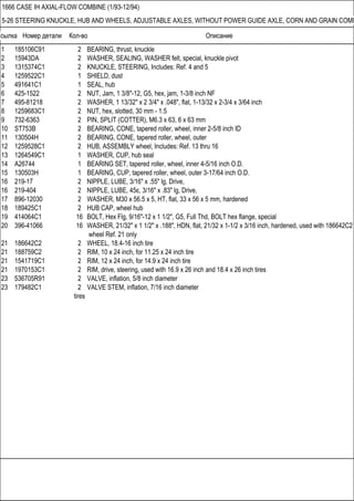Ссылка Номер детали Кол-во Описание
1666 CASE IH AXIAL-FLOW COMBINE (1/93-12/94)
5-26 STEERING KNUCKLE, HUB AND WHEELS, ADJUSTABLE AXLES, WITHOUT POWER GUIDE AXLE, CORN AND GRAIN COMB
1 185106C91 2 BEARING, thrust, knuckle
2 15943DA 2 WASHER, SEALING, WASHER felt, special, knuckle pivot
3 1315374C1 2 KNUCKLE, STEERING, Includes: Ref. 4 and 5
4 1259522C1 1 SHIELD, dust
5 491641C1 1 SEAL, hub
6 425-1522 2 NUT, Jam, 1 3/8"-12, G5, hex, jam, 1-3/8 inch NF
7 495-81218 2 WASHER, 1 13/32" x 2 3/4" x .048", flat, 1-13/32 x 2-3/4 x 3/64 inch
8 1259683C1 2 NUT, hex, slotted, 30 mm - 1.5
9 732-6363 2 PIN, SPLIT (COTTER), M6.3 x 63, 6 x 63 mm
10 ST753B 2 BEARING, CONE, tapered roller, wheel, inner 2-5/8 inch ID
11 130504H 2 BEARING, CONE, tapered roller, wheel, outer
12 1259528C1 2 HUB, ASSEMBLY wheel, Includes: Ref. 13 thru 16
13 1264549C1 1 WASHER, CUP, hub seal
14 A26744 1 BEARING SET, tapered roller, wheel, inner 4-5/16 inch O.D.
15 130503H 1 BEARING, CUP, tapered roller, wheel, outer 3-17/64 inch O.D.
16 219-17 2 NIPPLE, LUBE, 3/16" x .55" lg, Drive,
16 219-404 2 NIPPLE, LUBE, 45є, 3/16" x .83" lg, Drive,
17 896-12030 2 WASHER, M30 x 56.5 x 5, HT, flat, 33 x 56 x 5 mm, hardened
18 189425C1 2 HUB CAP, wheel hub
19 414064C1 16 BOLT, Hex Flg, 9/16"-12 x 1 1/2", G5, Full Thd, BOLT hex flange, special
20 396-41066 16 WASHER, 21/32" x 1 1/2" x .188", HDN, flat, 21/32 x 1-1/2 x 3/16 inch, hardened, used with 186642C2
wheel Ref. 21 only
21 186642C2 2 WHEEL, 18.4-16 inch tire
21 188759C2 2 RIM, 10 x 24 inch, for 11.25 x 24 inch tire
21 1541719C1 2 RIM, 12 x 24 inch, for 14.9 x 24 inch tire
21 1970153C1 2 RIM, drive, steering, used with 16.9 x 26 inch and 18.4 x 26 inch tires
23 536705R91 2 VALVE, inflation, 5/8 inch diameter
23 179482C1 2 VALVE STEM, inflation, 7/16 inch diameter
tires
 