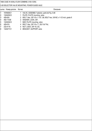 Ссылка Номер детали Кол-во Описание
1666 CASE IH AXIAL-FLOW COMBINE (1/93-12/94)
5-38 SELECTOR VALVE MOUNTING, POWER GUIDE AXLE
1 1978000C1 1 VALVE, ASSEMBLY selector, parts list Fig. 5-48
2 1324455C2 1 PLATE, PLATE mounting, valve
3 426-624 2 BOLT, Hex, 3/8"-16 x 1 1/2", G8, BOLT hex, 3/8 NC x 1-1/2 inch, grade 8
4 492-11038 2 WASHER, LOCK, 3/8",
5 1324454C3 1 BAR, PLATE mounting, valve
6 426-616 4 BOLT, Hex, 3/8"-16 x 1", G8, Full Thd,
7 232-4116 4 NUT, LOCK, 3/8"-16, GC,
8 1324471C1 2 BRACKET, SUPPORT valve
 
