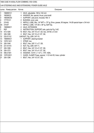 Ссылка Номер детали Кол-во Описание
1666 CASE IH AXIAL-FLOW COMBINE (1/93-12/94)
5-44 STEERING AXLE AND EXTENSIONS, POWER GUIDE AXLE
1 1968991C1 1 AXLE, adjustable, 108 to 144 inch
2 168385C2 4 WASHER, flat, special, thrust, pivot shaft
3 186599C93 1 SUPPORT, axle pivot, Includes: Ref. 4
4 177751C1 2 BUSHING, pivot, axle
5 219-93 2 NIPPLE, LUBE, 90є, 1/4" NPT x .75" lg, Drive, grease, 90 degree, 1/4-28 special taper x 3/4 inch
5A 219-87 1 NIPPLE, LUBE, 1/4"-28 x .56" lg, Self-Tap,
6 1968992C1 2 AXLE, EXTENSION
7 REF 2 INSTRUCTION, SUPPORT axle, parts list Fig. 5-42
10 413-1280 10 BOLT, Hex, 3/4"-10 x 5", G5, hex, 3/4 NC x 5 inch
11 326-1288 4 BOLT, Hex, 3/4"-10 x 5 1/2", G8,
12 232-51312 UAR NUT, Flg, USR, 3/4"-10,
13 1968993C1 1 SUPPORT, steering bracket
14 1979114C1 1 STRAP, tow
15 326-1048 2 BOLT, Hex, 5/8"-11 x 3", G8,
16 231-51410 2 NUT, Flg, USR, 5/8"-11,
17 326-1288 2 BOLT, Hex, 3/4"-10 x 5 1/2", G8,
18 326-1272 6 BOLT, Hex, 3/4"-10 x 4 1/2", G8,
19 496-21081 8 WASHER, 13/16" x 1 1/2" x .179", HDN,
20 1979120C1 1 GUIDE, CLAMP P-type, special, 1-1/2 inch ID, hose, cylinder
21 326-1296 1 BOLT, Hex, 3/4"-10 x 6", G8,
 