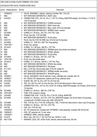 Ссылка Номер детали Кол-во Описание
1666 CASE IH AXIAL-FLOW COMBINE (1/93-12/94)
5-48 SELECTOR VALVE, POWER GUIDE AXLE
1978000C1 1 VALVE, ASSEMBLY, selector, steering, Includes: Ref. 1 thru 29
1 NSS 1 NOT SERVICED SEPARATELY, BODY valve
2 218-5070 4 CONNECTOR, HYD., 3/4"-16, 37є x 1 1/16"-12, O-Ring, ADAPTER straight, 3/4-16 flare x 1-1/16-12
inch O-ring boss
3 NSS 4 NOT SERVICED SEPARATELY, O-RING connector
4 NSS 4 NOT SERVICED SEPARATELY, SEAT check ball
5 NSS 4 NOT SERVICED SEPARATELY, BALL check, 9/16 inch diameter
6 NSS 2 NOT SERVICED SEPARATELY, SPRING check, reverse
7 237-6004 7 O-RING, 4-1, 90 Duro, .351" ID x .072" Thk, Tube
8 278548 6 PLUG, Hex Soc, 7/16"-20 ORB,
9 NSS 1 NOT SERVICED SEPARATELY, PLUG orifice
10 218-5151 1 PLUG, Hex Hd, 5/16"-24 ORB, hex, 5/16-24 inch O-ring boss
11 237-6002 1 O-RING, 2-1, .239" ID x .064" Thk, Plug sealing
15 1970176C1 2 PLUG, hex, special
16 237-6012 2 O-RING, 12-1, 90 Duro, .924 ID x .118" Thk,
17 NSS 5 NOT SERVICED SEPARATELY, SPRING spool, flow divider and selector
18 NSS 1 NOT SERVICED SEPARATELY, SPOOL selector
19 NSS 1 NOT SERVICED SEPARATELY, PLUG orifice
20 237-6004 1 O-RING, 4-1, 90 Duro, .351" ID x .072" Thk,
21 1979118C1 4 PLUG, hex, flow divider spool
22 237-6012 4 O-RING, 12-1, 90 Duro, .924 ID x .118" Thk, Plug
24 NSS 2 NOT SERVICED SEPARATELY, SPOOL flow divider
25 NSS 1 NOT SERVICED SEPARATELY, PIN dowel
26 211-1010 2 BALL, 5/16" Dia, chrome alloy steel, 5/16 inch, grade 24
27 NSS 2 NOT SERVICED SEPARATELY, SPRING shuttle, low priority
28 NSS 1 NOT SERVICED SEPARATELY, SPACER spring
29 187849C1 1 VALVE, SOLENOID, VALVE solenoid, 4 way, cartridge only, Includes: Ref. 30
30 187850C1 1 KIT, SEALS, KIT replacement, washer and O-ring, solenoid valve
46 218-5230 1 ELBOW, 90є, 3/4"-16, 37є x 3/4"-16, 37є Fem Sw,
47 218-845 2 TEE, 37є, 3/4"-16 x 3/4"-16, Fem Sw Run, 3/4-16 inch flare branch x flare x swivel
48 218-5351 1 CONNECTOR, HYD., 3/4"-16, 37є x 9/16"-18, O-Ring, ADAPTER straight, 3/4-16 flare x 9/16-18 inch
O-ring boss
49 237-6006 1 O-RING, 6-1, 90 Duro, .468" ID x .078" Thk,
50 1970140C1 1 TUBE, HYD, pressure, charge
51 218-5053 1 CONNECTOR, HYD., 7/16"-20, 37є x 7/16"-20, O-Ring, ADAPTER
52 237-6004 1 O-RING, 4-1, 90 Duro, .351" ID x .072" Thk, ADAPTER straight, 3/4-16 inch flare x O-ring boss,
included with 121436A1 motor only, ASN JJC0105176
55 218-5289 1 TEE, 7/16"-20, 37є x 7/16"-20, O-Ring Run, TEE, 7/16-20 inch flare branch x flare x adj. O-ring boss
56 237-6004 1 O-RING, 4-1, 90 Duro, .351" ID x .072" Thk,
57 218-752 1 CAP, 37є, 7/16"-20, Hex
1345300C1 1 KIT, KIT solenoid coil, included with 19778000C1 valve assembly, Includes: Ref. 60 thru 64
60 1340843C1 1 COIL, KIT solenoid coil, 12 volt, valve
61 1345302C1 1 HARNESS, WIRE, solenoid, adapter
62 413-616 1 BOLT, Hex, 3/8"-16 x 1", G5, Full Thd, hex, 3/8 NC x 1 inch
63 493-11039 1 WASHER, LOCK, 3/8", Int-Ext Tooth, internal, external tooth lock, 3/8 inch
 