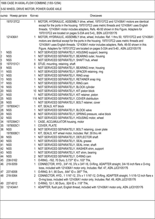 Ссылка Номер детали Кол-во Описание
1666 CASE IH AXIAL-FLOW COMBINE (1/93-12/94)
5-50 WHEEL DRIVE MOTOR, POWER GUIDE AXLE
1970137C2 1 MOTOR, HYDRAULIC, ASSEMBLY drive, wheel, 1970137C2 and 121436A1 motors are identical
except for the ports in the housing. 1970137C2 uses metric threads and 121436A1 uses English
threads. 121436A1 motor includes adapters, Refs. 46-50 shown in this Figure. Adapters for
1970137C2 are located on pages 5-33A and 5-4)., BSN JJC0105176
121436A1 1 MOTOR, HYDRAULIC, ASSEMBLY drive, wheel, Includes: Ref. 1 thru 50, 1970137C2 and 121436A1
motors are identical except for the ports in the housing. 1970137C2 uses metric threads and
121436A1 uses English threads. 121436A1 motor includes adapters, Refs. 46-50 shown in this
Figure. Adapters for 1970137C2 are located on pages 5-33A and 5-40., ASN JJC0105176
1 NSS 1 NOT SERVICED SEPARATELY, HOUSING support, bearing
2 NSS 1 NOT SERVICED SEPARATELY, BEARING outer, housing
5 NSS 1 NOT SERVICED SEPARATELY, SHAFT hub, wheel
6 1970151C1 8 STUD, mounting, retaining, shaft
8 NSS 1 NOT SERVICED SEPARATELY, BEARING inner, housing
11 NSS 1 NOT SERVICED SEPARATELY, SPACER retaining, ring
12 NSS 1 NOT SERVICED SEPARATELY, RING snap
13 NSS 1 NOT SERVICED SEPARATELY, RETAINER snap ring
17 NSS 1 NOT SERVICED SEPARATELY, RING cam
19 NSS 1 NOT SERVICED SEPARATELY, BLOCK cylinder
20 NSS 10 NOT SERVICED SEPARATELY, KIT piston block
21 NSS 1 NOT SERVICED SEPARATELY, KIT retainer, piston
25 NSS 116 NOT SERVICED SEPARATELY, COVER distribution
26 NSS 1 NOT SERVICED SEPARATELY, BOLT retainer, cover
27 1978004C1 1 KIT, SEALS, KIT block
28 NSS 1 NOT SERVICED SEPARATELY, BLOCK valve
29 NSS 8 NOT SERVICED SEPARATELY, SPRING pressure, valve block
32 NSS 1 NOT SERVICED SEPARATELY, HOUSING motor, wheel
34 1970394C1 1 CASE, ACCUMULATOR housing, motor
35 1978005C1 1 COVER, PLATE
36 NSS 8 NOT SERVICED SEPARATELY, BOLT retaining, cover plate
1978008C1 1 KIT, SEALS, KIT wheel motor, Includes: Ref. 39 thru 44
39 NSS 1 NOT SERVICED SEPARATELY, DEFLECTOR shaft
40 NSS 1 NOT SERVICED SEPARATELY, SEAL grease
41 NSS 1 NOT SERVICED SEPARATELY, SEAL inner, shaft
42 NSS 1 NOT SERVICED SEPARATELY, WASHER shim, support
43 NSS 1 NOT SERVICED SEPARATELY, KIT shim, bearing
44 NSS 2 NOT SERVICED SEPARATELY, O-RING cam
45 238-5162 1 O-RING, -162, 70 Duro, 5.737" ID x .103" Thk,
46 218-5059 1 CONNECTOR, HYD., 3/4"-16, 37є x 3/4"-16, O-Ring, ADAPTER straight, 3/4-16 inch flare x O-ring
boss, included with 121436A1 motor only, Includes: Ref. 47, ASN JJC0105176
47 237-6008 1 O-RING, 8-1, 90 Duro, .644" ID x .087" Thk,
48 218-5064 2 CONNECTOR, HYD., 1 1/16"-12, 37є x 1 1/16"-12, O-Ring, ADAPTER straight, 1-1/16-12 inch flare x
O-ring boss, included with 121436A1 motor only, Includes: Ref. 49, ASN JJC0105176
49 237-6012 1 O-RING, 12-1, 90 Duro, .924 ID x .118" Thk,
50 121434A1 1 ADAPTER, flush port, English thread, included with 121436A1 motor only, ASN JJC0105176
 