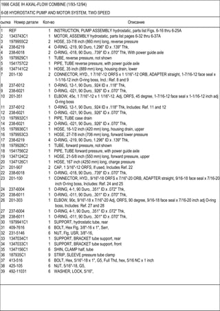 Ссылка Номер детали Кол-во Описание
1666 CASE IH AXIAL-FLOW COMBINE (1/93-12/94)
6-08 HYDROSTATIC PUMP AND MOTOR SYSTEM, TWO SPEED
1 REF 1 INSTRUCTION, PUMP ASSEMBLY hydrostatic, parts list Figs. 6-16 thru 6-25A
2 1343743C1 1 MOTOR, ASSEMBLY hydrostatic, parts list pages 6-32 thru 6-37A
3 1979955C2 2 HOSE, 33-7/8 inch (860 mm) long, reverse pressure
4 238-6219 4 O-RING, -219, 90 Duro, 1.296" ID x .139" Thk,
4 238-6018 2 O-RING, -018, 90 Duro, .739" ID x .070" Thk, With power guide axle
5 1979929C1 1 TUBE, reverse pressure, not shown
5 1541757C2 1 PIPE, TUBE reverse pressure, with power guide axle
6 1347141C2 1 HOSE, 35 inch (889 mm) long, housing drain, lower
7 201-130 2 CONNECTOR, HYD., 1 7/16"-12 ORFS x 1 1/16"-12 ORB, ADAPTER straight, 1-7/16-12 face seal x
1-1/16-12 inch O-ring boss, Incl.: Ref. 8 and 9
8 237-6012 1 O-RING, 12-1, 90 Duro, .924 ID x .118" Thk,
9 238-6021 1 O-RING, -021, 90 Duro, .926" ID x .070" Thk,
10 201-351 1 ELBOW, 45є, 1 7/16"-12 x 1 1/16"-12. Adj, ORFS, 45 degree, 1-7/16-12 face seal x 1-1/16-12 inch adj
O-ring boss
11 237-6012 1 O-RING, 12-1, 90 Duro, .924 ID x .118" Thk, Includes: Ref. 11 and 12
12 238-6021 1 O-RING, -021, 90 Duro, .926" ID x .070" Thk,
13 1979932C1 1 PIPE, TUBE case drain
14 238-6021 2 O-RING, -021, 90 Duro, .926" ID x .070" Thk,
15 1979936C1 1 HOSE, 16-1/2 inch (420 mm) long, housing drain, upper
16 1979953C3 1 HOSE, 27-7/8 inch (706 mm) long, forward lower pressure
17 238-6219 4 O-RING, -219, 90 Duro, 1.296" ID x .139" Thk,
18 1979928C1 1 TUBE, forward pressure, not shown
18 1541756C2 1 PIPE, TUBE forward pressure, with power guide axle
19 1347124C2 1 HOSE, 21-5/8 inch (550 mm) long, forward pressure, upper
20 1347126C1 1 HOSE, 167 inch (4250 mm) long, charge pressure
21 201-907 2 CAP, 1 3/16"-12 ORFS, If used, Includes Ref. 22
22 238-6018 1 O-RING, -018, 90 Duro, .739" ID x .070" Thk,
23 201-100 1 CONNECTOR, HYD., 9/16"-18 ORFS x 7/16"-20 ORB, ADAPTER straight, 9/16-18 face seal x 7/16-20
inch O-ring boss, Includes: Ref. 24 and 25
24 237-6004 1 O-RING, 4-1, 90 Duro, .351" ID x .072" Thk,
25 238-6011 1 O-RING, -011, 90 Duro, .301" ID x .070" Thk,
26 201-303 1 ELBOW, 90є, 9/16"-18 x 7/16"-20 Adj, ORFS, 90 degree, 9/16-18 face seal x 7/16-20 inch adj O-ring
boss, Includes: Ref. 27 and 28
27 237-6004 1 O-RING, 4-1, 90 Duro, .351" ID x .072" Thk,
28 238-6011 1 O-RING, -011, 90 Duro, .301" ID x .070" Thk,
30 1979941C1 1 SUPPORT, hydrostatic tube, rear
31 409-7616 6 BOLT, Hex Flg, 3/8"-16 x 1", Serr,
32 231-5146 6 NUT, Flg, USR, 3/8"-16,
33 1347034C1 1 SUPPORT, BRACKET tube support, rear
34 1347033C1 1 SUPPORT, BRACKET tube support, front
35 1347156C1 6 SHIN, CLAMP half, tube
36 187935C1 9 STRIP, SLEEVE pressure tube clamp
37 413-516 6 BOLT, Hex, 5/16"-18 x 1", G5, Full Thd, hex, 5/16 NC x 1 inch
38 425-105 6 NUT, 5/16"-18, G5,
39 492-11031 6 WASHER, LOCK, 5/16",
 