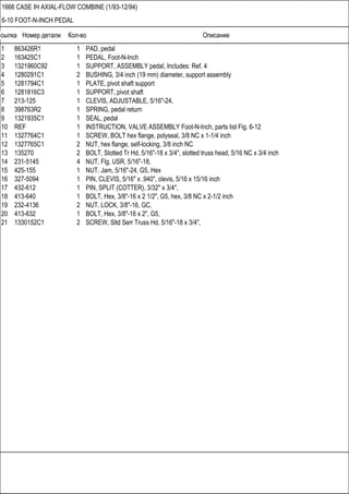 Ссылка Номер детали Кол-во Описание
1666 CASE IH AXIAL-FLOW COMBINE (1/93-12/94)
6-10 FOOT-N-INCH PEDAL
1 863426R1 1 PAD, pedal
2 163425C1 1 PEDAL, Foot-N-Inch
3 1321960C92 1 SUPPORT, ASSEMBLY pedal, Includes: Ref. 4
4 1280291C1 2 BUSHING, 3/4 inch (19 mm) diameter, support assembly
5 1281794C1 1 PLATE, pivot shaft support
6 1281816C3 1 SUPPORT, pivot shaft
7 213-125 1 CLEVIS, ADJUSTABLE, 5/16"-24,
8 398763R2 1 SPRING, pedal return
9 1321935C1 1 SEAL, pedal
10 REF 1 INSTRUCTION, VALVE ASSEMBLY Foot-N-Inch, parts list Fig. 6-12
11 1327764C1 1 SCREW, BOLT hex flange, polyseal, 3/8 NC x 1-1/4 inch
12 1327765C1 2 NUT, hex flange, self-locking, 3/8 inch NC
13 135270 2 BOLT, Slotted Tr Hd, 5/16"-18 x 3/4", slotted truss head, 5/16 NC x 3/4 inch
14 231-5145 4 NUT, Flg, USR, 5/16"-18,
15 425-155 1 NUT, Jam, 5/16"-24, G5, Hex
16 327-5094 1 PIN, CLEVIS, 5/16" x .940", clevis, 5/16 x 15/16 inch
17 432-612 1 PIN, SPLIT (COTTER), 3/32" x 3/4",
18 413-640 1 BOLT, Hex, 3/8"-16 x 2 1/2", G5, hex, 3/8 NC x 2-1/2 inch
19 232-4136 2 NUT, LOCK, 3/8"-16, GC,
20 413-632 1 BOLT, Hex, 3/8"-16 x 2", G5,
21 1330152C1 2 SCREW, Sltd Serr Truss Hd, 5/16"-18 x 3/4",
 
