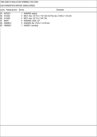 Ссылка Номер детали Кол-во Описание
1666 CASE IH AXIAL-FLOW COMBINE (1/93-12/94)
6-26 HYDROSTATIC MOTOR, SINGLE SPEED
50 92734C1 1 WASHER, sealing
56 413-824 4 BOLT, Hex, 1/2"-13 x 1 1/2", G5, Full Thd, hex, 1/2 NC x 1-1/2 inch
56 413-828 4 BOLT, Hex, 1/2"-13 x 1 3/4", G5,
57 80679 4 WASHER, LOCK, 1/2",
58 283856C1 4 WASHER, flat, 17/32 x 1 x 3/16 inch
59 166506C1 1 GASKET, mounting
 