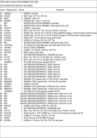 Ссылка Номер детали Кол-во Описание
1666 CASE IH AXIAL-FLOW COMBINE (1/93-12/94)
6-32 HYDROSTATIC MOTOR, TWO SPEED
57 166506C1 1 GASKET, mounting
58 413-828 4 BOLT, Hex, 1/2"-13 x 1 3/4", G5,
59 80679 4 WASHER, LOCK, 1/2",
60 283856C1 4 WASHER, flat, 17/32 x 1 x 3/16 inch
REF INSTRUCTION, MOTOR ASSEMBLY hydrostatic
61 REF 1 INSTRUCTION, VALVE ASSEMBLY control parts list Fig. 6-36
62 145337C1 1 GASKET, control valve
63 413-528 6 BOLT, Hex, 5/16"-18 x 1 3/4", G5, hex, 5/16 NC x 1-3/4 inch
64 218-5133 1 ELBOW, 45є, 7/16"-20, 37є x 7/16"-20, O-Ring, ELBOW 45 degree, 7/16-20 inch flare x adj O-ring boss
65 218-5103 3 ELBOW, 90є, 7/16"-20, 37є x 7/16"-20, O-Ring, 90 degree, 7/16-20 inch flare x adj O-ring boss
66 175760C1 2 HOSE ASSY., 10 inch (254 mm) long, valve to block
67 237-6004 2 O-RING, 4-1, 90 Duro, .351" ID x .072" Thk,
69 REF 1 INSTRUCTION, BLOCK ASSEMBLY relief parts list Fig. 6-37A
70 140747C92 1 KIT, SEALS, KIT valve block seal, valve block parts list Fig. 6-37A
72 140769C1 2 VALVE, CHECK, ASSEMBLY
73 238-6113 2 O-RING, -113, 90 Duro, .549" ID x .103" Thk,
74 140770C1 2 RING, backup, check valve
75 NSS 1 NOT SERVICED SEPARATELY, HOUSING end cover
76 413-732 2 BOLT, Hex, 7/16"-14 x 2", G5, BOLT hex, 7/16 NC x 2 inch
77 413-748 6 BOLT, Hex, 7/16"-14 x 3", G5, BOLT hex, 7/16 NC x 3 inch
142398C91 1 KIT, SHIM, KIT end cover, Includes: Ref. 78
78 NSS 1 NOT SERVICED SEPARATELY, SHIM, 0.003 inch
78 NSS 1 NOT SERVICED SEPARATELY, SHIM, 0.005 inch
78 NSS 1 NOT SERVICED SEPARATELY, SHIM, 0.010 inch
78 NSS 1 NOT SERVICED SEPARATELY, SHIM, 0.015 inch
78 NSS 1 NOT SERVICED SEPARATELY, SHIM, 0.020 inch
78 NSS 1 NOT SERVICED SEPARATELY, SHIM, 0.030 inch
79 530741R1 1 BEARING, CUP, tapered roller, 2-17/32 inch O.D., input shaft
80 400983R91 1 BEARING, CONE, tapered roller, 1-3/16 inch ID, input shaft
81 140756C2 1 GASKET, end cover
83 399934C1 2 BEARING, CUP, tapered roller, 2-57/64 inch O.D., trunnion
84 399933C91 2 BEARING, CONE, tapered roller, 1-25/32 inch ID, trunnion
142386C91 1 KIT, SHIM, KIT trunnion bearing, Includes: Ref. 85
85 NSS UAR NOT SERVICED SEPARATELY, SHIM trunnion, 0.002 inch, 6 in kit
85 NSS UAR NOT SERVICED SEPARATELY, SHIM trunnion, 0.005 inch, 4 in kit
85 NSS UAR NOT SERVICED SEPARATELY, SHIM trunnion, 0.010 inch, 4 in kit
85 NSS UAR NOT SERVICED SEPARATELY, SHIM trunnion, 0.015 inch, 4 in kit
85 NSS UAR NOT SERVICED SEPARATELY, SHIM trunnion, 0.025 inch, 4 in kit
86 238-5234 2 O-RING, -234, 70 Duro, 2.984" ID x .139" Thk,
87 NSS 2 NOT SERVICED SEPARATELY, TRUNNION motor
88 413-714 6 BOLT, Hex, 7/16"-14 x 7/8", G5, Full Thd, BOLT hex, 7/16 NC x 7/8 inch
89 218-5158 1 PLUG, Hex Hd, 1 1/16"-12 ORB, hex, 1-1/16-12 inch O-ring boss, Includes: Ref. 90
90 237-6012 1 O-RING, 12-1, 90 Duro, .924 ID x .118" Thk,
91 278548 1 PLUG, Hex Soc, 7/16"-20 ORB, Not shown
92 237-6004 1 O-RING, 4-1, 90 Duro, .351" ID x .072" Thk, Not shown
 