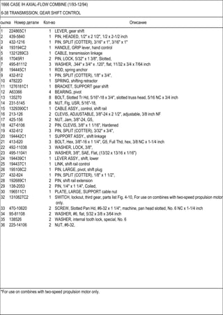 Ссылка Номер детали Кол-во Описание
*For use on combines with two-speed propulsion motor only.
1666 CASE IH AXIAL-FLOW COMBINE (1/93-12/94)
6-38 TRANSMISSION, GEAR SHIFT CONTROL
1 224865C1 1 LEVER, gear shift
2 439-5840 1 PIN, HEADED, 1/2" x 2 1/2", 1/2 x 2-1/2 inch
3 432-1216 1 PIN, SPLIT (COTTER), 3/16" x 1", 3/16" x 1"
4 193194C2 1 HANDLE, GRIP lever, hand control
5 1321289C3 1 CABLE, transmission linkage
6 17045R1 2 PIN, LOCK, 5/32" x 1 3/8", Slotted,
7 495-81112 3 WASHER, .344" x 3/4" x .120", flat, 11/32 x 3/4 x 7/64 inch
8 194445C1 1 ROD, spring anchor
9 432-812 1 PIN, SPLIT (COTTER), 1/8" x 3/4",
10 47822D 1 SPRING, shifting retractor
11 1276181C1 1 BRACKET, SUPPORT gear shift
12 A63366 4 BEARING, pivot
13 135270 8 BOLT, Slotted Tr Hd, 5/16"-18 x 3/4", slotted truss head, 5/16 NC x 3/4 inch
14 231-5145 8 NUT, Flg, USR, 5/16"-18,
15 1329390C1 1 CABLE ASSY., control, shift rail
16 213-126 2 CLEVIS, ADJUSTABLE, 3/8"-24 x 2 1/2", adjustable, 3/8 inch NF
17 425-156 2 NUT, Jam, 3/8"-24, G5,
18 427-6106 2 PIN, CLEVIS, 3/8" x 1 1/16", Hardened
19 432-612 3 PIN, SPLIT (COTTER), 3/32" x 3/4",
20 194442C1 1 SUPPORT ASSY., shift linkage
21 413-620 3 BOLT, Hex, 3/8"-16 x 1 1/4", G5, Full Thd, hex, 3/8 NC x 1-1/4 inch
22 492-11038 3 WASHER, LOCK, 3/8",
23 495-11041 3 WASHER, 3/8", SAE, Flat, (13/32 x 13/16 x 1/16")
24 194439C1 1 LEVER ASSY., shift, lower
25 194437C1 1 LINK, shift rail control
26 195108C2 1 PIN, LARGE, pivot, shift plug
27 432-824 1 PIN, SPLIT (COTTER), 1/8" x 1 1/2",
28 192689C1 2 PIN, shift rail extension
29 138-2053 2 PIN, 1/4" x 1 1/4", Coiled,
30 196511C1 1 PLATE, LARGE, SUPPORT cable nut
32 1310827C2 1 SWITCH, lockout, third gear, parts list Fig. 4-10, For use on combines with two-speed propulsion motor
only.
33 470-10620 2 SCREW, Slotted Pan Hd, #6-32 x 1 1/4", machine, pan head slotted, No. 6 NC x 1-1/4 inch
34 95-81108 2 WASHER, #6, flat, 5/32 x 3/8 x 3/64 inch
35 138526 2 WASHER, internal tooth lock, special, No. 6
36 225-14106 2 NUT, #6-32,
 