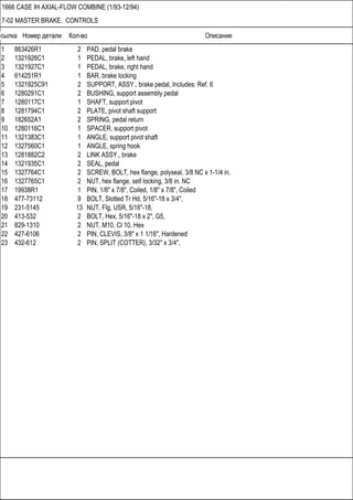 Ссылка Номер детали Кол-во Описание
1666 CASE IH AXIAL-FLOW COMBINE (1/93-12/94)
7-02 MASTER BRAKE, CONTROLS
1 863426R1 2 PAD, pedal brake
2 1321926C1 1 PEDAL, brake, left hand
3 1321927C1 1 PEDAL, brake, right hand
4 614251R1 1 BAR, brake locking
5 1321925C91 2 SUPPORT, ASSY., brake pedal, Includes: Ref. 6
6 1280291C1 2 BUSHING, support assembly pedal
7 1280117C1 1 SHAFT, support pivot
8 1281794C1 2 PLATE, pivot shaft support
9 182652A1 2 SPRING, pedal return
10 1280116C1 1 SPACER, support pivot
11 1321383C1 1 ANGLE, support pivot shaft
12 1327560C1 1 ANGLE, spring hook
13 1281882C2 2 LINK ASSY., brake
14 1321935C1 2 SEAL, pedal
15 1327764C1 2 SCREW, BOLT, hex flange, polyseal, 3/8 NC x 1-1/4 in.
16 1327765C1 2 NUT, hex flange, self locking, 3/8 in. NC
17 19938R1 1 PIN, 1/8" x 7/8", Coiled, 1/8" x 7/8", Coiled
18 477-73112 9 BOLT, Slotted Tr Hd, 5/16"-18 x 3/4",
19 231-5145 13 NUT, Flg, USR, 5/16"-18,
20 413-532 2 BOLT, Hex, 5/16"-18 x 2", G5,
21 829-1310 2 NUT, M10, Cl 10, Hex
22 427-6106 2 PIN, CLEVIS, 3/8" x 1 1/16", Hardened
23 432-612 2 PIN, SPLIT (COTTER), 3/32" x 3/4",
 