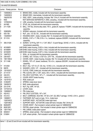Ссылка Номер детали Кол-во Описание
Items 1 - 22 and 53 and 54 are included with the transmission assembly.
1666 CASE IH AXIAL-FLOW COMBINE (1/93-12/94)
7-04 MASTER BRAKES
1 1349008C2 8 BRAKE DISC, middle, Included with the transmission assembly.
2 1349009C2 4 BRAKE DISC, intermediate, Included with the transmission assembly.
184202C93 2 DISC, ASSY., brake actuating, Includes: Ref. 3 thru 8, Included with the transmission assembly.
3 NSS NOT SERVICED SEPARATELY, DISC, actuating , Included with the transmission assembly.
4 1276923C2 2 LINK, actuating, Included with the transmission assembly.
5 A41865 2 STUD, link, Included with the transmission assembly.
6 211-1028 6 BALL, 7/8" Dia, chrome alloy steel, 7/8 in., grade 24, replaces 17028R1, Included with the transmission
assembly.
7 359859R2 3 SPRING, extension, Included with the transmission assembly.
8 425-158 2 NUT, Jam, 1/2"-20, G5, , Included with the transmission assembly.
9 1342950C1 2 HOUSING ASSY., brake, Includes: Ref. 10, Included with the transmission assembly.
10 37-1516 2 DOWEL, 5/16" x 1", PIN, 5/16 x 1 in., hardened, replaces 20020R1, Included with the transmission
assembly.
11 380-21028 8 SCREW, 12 Pt Flg, 5/8"-11 x 1 3/4", BOLT, 12 point flange, 5/8 NC x 1-3/4 in., Included with the
transmission assembly.
12 401898R1 UAR SHIM, brake housing, 0.003 in. thick, Included with the transmission assembly.
12 401899R1 UAR SHIM, brake housing, 0.005 in. thick, Included with the transmission assembly.
12 401900R1 UAR SHIM, brake housing, 0.007 in. thick, Included with the transmission assembly.
13 184072C1 2 SEAL, oil, Included with the transmission assembly.
14 238-5427 2 O-RING, -427, 70 Duro, 4.725" ID x .275" Thk, , Included with the transmission assembly.
15 1981196C2 2 COVER, ASSY., brake housing, Includes: Ref. 16, Included with the transmission assembly.
16 37-11496 1 DOWEL, 7/8" x 6", dowel, hardened, 7/8 x 6 in., replaces 28333R1, Included with the transmission
assembly.
17 413-832 8 BOLT, Hex, 1/2"-13 x 2", G5, hex, 1/2 NC x 2 in., Included with the transmission assembly.
18 80679 8 WASHER, LOCK, 1/2", , Included with the transmission assembly.
20 1321923C1 2 CLEVIS, YOKE, brake pull, Included with the transmission assembly.
21 27-10137 2 PIN, CLEVIS, 5/8" x 1 3/8", clevis, 5/8 x 1-3/8 in., Included with the transmission assembly.
22 432-816 2 PIN, SPLIT (COTTER), 1/8" x 1", , Included with the transmission assembly.
23 184321C1 2 COVER, BOOT brake housing
24 1321973C1 2 ROD, brake pull
25 312824R1 2 SPRING, brake lever return
26 184282C2 2 BAR, brake adjustment
28 231-5144 2 NUT, Flg, USR, 1/4"-20,
29 1277201C3 2 LEVER, brake
30 1308992C1 2 PIN, brake lever
31 432-812 4 PIN, SPLIT (COTTER), 1/8" x 3/4",
32 412-412 2 BOLT, CARRIAGE, Short NK, 1/4"-20 x 3/4", G2, BOLT carriage, 1/4 NC x 3/4 in., grade 2
33 136969C1 2 FASTENER, NUT push on type, 1/4 in., brake lever
1329740C2 1 SUPPORT ASSY., ACTUATOR, brake right hand
1329739C2 1 SUPPORT ASSY., ACTUATOR, brake left hand, Includes: Ref. 34 thru 50
34 662620R1 1 COVER, BOOT , Part included in wheel cylinder repair kit 1288942C92
35 662616R1 1 PISTON, wheel cylinder , Part included in wheel cylinder repair kit 1288942C92
36 1281779C1 1 PIN, LARGE, brake piston spacer
38 84940C1 1 SPRING, wheel cylinder , Part included in wheel cylinder repair kit 1288942C92
39 51906H 2 CUP, wheel cylinder , Part included in wheel cylinder repair kit 1288942C92
 