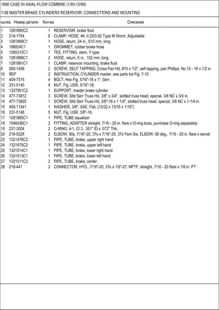 Ссылка Номер детали Кол-во Описание
1666 CASE IH AXIAL-FLOW COMBINE (1/93-12/94)
7-08 MASTER BRAKE CYLINDERS RESERVOIR, CONNECTIONS AND MOUNTING
1 1281890C2 1 RESERVOIR, brake fluid
2 214-1704 6 CLAMP, HOSE, #4, 0.25/0.62 Type M Worm, Adjustable
3 1281889C1 1 HOSE, return, 24 in., 610 mm, long
4 198824C1 1 GROMMET, rubber brake hose
5 1285312C1 1 TEE, FITTING, stem, Y type
6 1281888C1 2 HOSE, return, 6 in., 152 mm, long
7 1281891C1 1 CLAMP, reservoir mounting, brake fluid
8 260-1458 2 SCREW, SELF TAPPING, Cross Pan Hd, #10 x 1/2", self tapping, pan Phillips, No.10 - 16 x 1/2 in.
10 REF 2 INSTRUCTION, CYLINDER master, see parts list Fig. 7-10
11 409-7516 4 BOLT, Hex Flg, 5/16"-18 x 1", Serr,
12 231-5145 4 NUT, Flg, USR, 5/16"-18,
13 1327561C2 1 SUPPORT, master brake cylinder
14 477-73812 3 SCREW, Sltd Serr Truss Hd, 3/8" x 3/4", slotted truss head, special, 3/8 NC x 3/4 in.
14 477-73820 1 SCREW, Sltd Serr Truss Hd, 3/8"-16 x 1 1/4", slotted truss head, special, 3/8 NC x 1-1/4 in.
15 495-11041 1 WASHER, 3/8", SAE, Flat, (13/32 x 13/16 x 1/16")
16 231-5146 5 NUT, Flg, USR, 3/8"-16,
17 1281885C1 1 PIPE, TUBE equalizer
18 1546436C1 2 FITTING, ADAPTER straight, 7/16 - 20 in. flare x O-ring boss, purchase O-ring separately
19 237-3004 2 O-RING, 4-1, Cl 3, .351" ID x .072" Thk,
20 218-5228 2 ELBOW, 90є, 7/16"-20, 37є x 7/16"-20, 37є Fem Sw, ELBOW, 90 deg., 7/16 - 20 in. flare x swivel
23 1321476C2 1 PIPE, TUBE, brake, upper right hand
24 1321475C2 1 PIPE, TUBE, brake, upper left hand
25 1321514C1 1 PIPE, TUBE, brake, lower right hand
26 1321513C1 1 PIPE, TUBE, brake, lower left hand
27 1321511C2 2 PIPE, TUBE, brake, center
28 218-441 2 CONNECTOR, HYD., 7/16"-20, 37є x 1/8"-27, NPTF, straight, 7/16 - 20 flare x 1/8 in. PT
 
