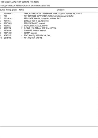 Ссылка Номер детали Кол-во Описание
1666 CASE IH AXIAL-FLOW COMBINE (1/93-12/94)
8-02(2) HYDRAULIC RESERVOIR, P.I.N. JJC0105804 AND AFTER
1343660C2 1 TANK, HYDRAULIC OIL, RESERVOIR ASSY., 10 gallon, Includes: Ref. 1 thru 6
1 NSS 1 NOT SERVICED SEPARATELY, TANK, hydraulic reservoir and after
2 1272941C2 1 BREATHER, reservoir, non vented, Includes: Ref. 3
3 104407A1 1 SCREEN, filter, fill cap, not shown
4 923745C91 1 BREATHER ASSY., reservoir
5 132865A1 2 SIGHTGLASS, GAUGE, oil level
6 238-5114 2 O-RING, -114, 70 Duro, .612" ID x .103" Thk,
7 1979829C1 2 SUPPORT, hydraulic reservoir
8 1347146C1 1 CLAMP, reservoir
9 409-7512 4 BOLT, Hex Flg, 5/16"-18 x 3/4", Serr,
10 231-5145 4 NUT, Flg, USR, 5/16"-18,
 