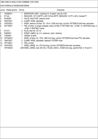 Ссылка Номер детали Кол-во Описание
1666 CASE IH AXIAL-FLOW COMBINE (1/93-12/94)
8-04 HYDRAULIC RESERVOIR DRAIN
1 1343660C1 1 RESERVOIR, ASSY., hydraulic oil, 10 gallon, see Fig. 8-02
2 217-44 1 REDUCER, 1/2"-14 NPTF x 3/8"-18 Fem NPTF, REDUCER, 1/2 PT x 3/8 in. female PT
3 301803R1 1 VALVE, SHUT-OFF, reservoir drain
4 1954736C1 2 CLAMP, HOSE, adjustable
5 1347032C2 1 HOSE, reservoir oil drain, 53 - 1/8 in. (1350 mm) long, cut from 1977295CX bulk hose, see below
6 1977169C1 1 TEE, oil drain, no longer available, order 2 of Ref.12 1977169C1 tee, 1 of Ref. 13 1347070C2 hose, 2
of Ref. 4 1954736C1 clamp
7 217-411 2 PLUG, Hex Hd, 1/2"-14,
8 702093C1 2 STRAP, CABLE, tie, 3 in. maximum, nylon, retaining
9 119254A1 1 CROSS, oil drain
10 1977294C3 1 HOSE, oil drain, 22 - 7/8 in. (580 mm) long, cut from 1977295CX bulk hose PTO, see below
11 1954736C1 2 CLAMP, HOSE, adjustable, replaced 112700R1 hose
12 1977169C1 2 TEE, oil drain
13 1347070C2 1 HOSE, LARGE, 3 in. (75 mm) long, cut from 1977295CX bulk hose, see below
1977295CX UAR HOSE, LARGE, bulk, 5/8 (16) x 7/8 (22) x 600 in. (15240 mm) long, used for Ref. 5, 10 and 13
 