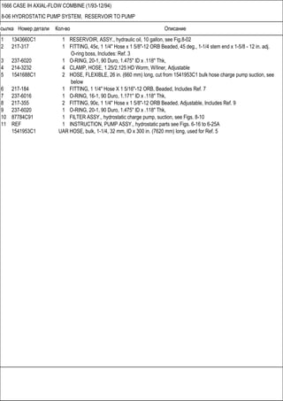 Ссылка Номер детали Кол-во Описание
1666 CASE IH AXIAL-FLOW COMBINE (1/93-12/94)
8-06 HYDROSTATIC PUMP SYSTEM, RESERVOIR TO PUMP
1 1343660C1 1 RESERVOIR, ASSY., hydraulic oil, 10 gallon, see Fig.8-02
2 217-317 1 FITTING, 45є, 1 1/4" Hose x 1 5/8"-12 ORB Beaded, 45 deg., 1-1/4 stem end x 1-5/8 - 12 in. adj.
O-ring boss, Includes: Ref. 3
3 237-6020 1 O-RING, 20-1, 90 Duro, 1.475" ID x .118" Thk,
4 214-3232 4 CLAMP, HOSE, 1.25/2.125 HD Worm, W/liner, Adjustable
5 1541688C1 2 HOSE, FLEXIBLE, 26 in. (660 mm) long, cut from 1541953C1 bulk hose charge pump suction, see
below
6 217-184 1 FITTING, 1 1/4" Hose X 1 5/16"-12 ORB, Beaded, Includes Ref. 7
7 237-6016 1 O-RING, 16-1, 90 Duro, 1.171" ID x .118" Thk,
8 217-355 2 FITTING, 90є, 1 1/4" Hose x 1 5/8"-12 ORB Beaded, Adjustable, Includes Ref. 9
9 237-6020 1 O-RING, 20-1, 90 Duro, 1.475" ID x .118" Thk,
10 87784C91 1 FILTER ASSY., hydrostatic charge pump, suction, see Figs. 8-10
11 REF 1 INSTRUCTION, PUMP ASSY., hydrostatic parts see Figs. 6-16 to 6-25A
1541953C1 UAR HOSE, bulk, 1-1/4, 32 mm, ID x 300 in. (7620 mm) long, used for Ref. 5
 
