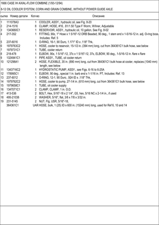 Ссылка Номер детали Кол-во Описание
1666 CASE IH AXIAL-FLOW COMBINE (1/93-12/94)
8-12 OIL COOLER SYSTEM, CORN AND GRAIN COMBINE, WITHOUT POWER GUIDE AXLE
1 111078A3 1 COOLER, ASSY., hydraulic oil, see Fig. 8-20
2 214-1516 8 CLAMP, HOSE, #16, .81/1.50 Type F Worm, W/liner, Adjustable
3 1343660C1 1 RESERVOIR, ASSY., hydraulic oil, 10 gallon, See Fig. 8-02
4 217-352 1 FITTING, 90є, 1" Hose x 1 5/16"-12 ORB Beaded, 90 deg., 1 stem end x 1-5/16-12 in. adj. O-ring boss,
Includes: Ref. 5
5 237-6016 1 O-RING, 16-1, 90 Duro, 1.171" ID x .118" Thk,
6 1979763C2 1 HOSE, cooler to reservoir, 15-1/2 in. (394 mm) long, cut from 364361C1 bulk hose, see below
7 1979731C1 1 TUBE, cooler return
8 218-478 1 ELBOW, 90є, 1 5/16"-12, 37є x 1 5/16"-12, 37є, ELBOW, 90 deg., 1-5/16-12 in. flare x flare
9 1324941C1 1 PIPE ASSY., TUBE, oil cooler return
10 121298A1 2 HOSE, FLEXIBLE, 35 in. (890 mm) long, cut from 364361C1 bulk hose at cooler, replaces (1040 mm)
length, see below
11 1343716C2 1 HYDROSTATIC PUMP, ASSY., see Figs. 6-16 to 6-25A
12 178995C1 1 ELBOW, 90 deg., special 1 in. barb end x 1-1/16 in. PT, Includes: Ref. 13
13 237-6012 1 O-RING, 12-1, 90 Duro, .924 ID x .118" Thk,
14 1979762C2 1 HOSE, cooler to pump, 27-1/4 in. (610 mm) long, cut from 364361C1 bulk hose, see below
15 1979658C1 1 TUBE, oil cooler supply
16 1347071C1 2 CLAMP, CLAMP, 1 in. O.D.
17 413-536 2 BOLT, Hex, 5/16"-18 x 2 1/4", G5, hex, 5/16 NC x 2-1/4 in., if used
18 495-21038 2 WASHER, 5/16", flat, 3/8 x 7/8 x 3/32 in.
19 231-5145 2 NUT, Flg, USR, 5/16"-18,
364361C1 UAR HOSE, bulk, 1 (25) ID x 600 in. (15240 mm) long, used for Ref 6, 10 and 14
 