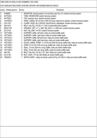 Ссылка Номер детали Кол-во Описание
1666 CASE IH AXIAL-FLOW COMBINE (1/93-12/94)
2-04 COOLANT RECOVERY SYSTEM, ROTARY AIR SCREEN BAFFLE SEALS
1 A189067 1 RADIATOR, cooling system, for mounting, see Fig. 2-2, coolant recovery system
2 437703C2 1 TANK, RESERVOIR coolant recovery system
3 437702C1 1 CAP, reservoir tank, coolant recovery system
4 1347455C1 1 HOSE, LARGE, 46-1/2 inch (1180 mm) long, reservoir to radiator, coolant recovery system
5 214-1704 2 CLAMP, HOSE, #4, 0.25/0.62 Type M Worm, Adjustable, Coolant recovery system
6 409-7416 3 BOLT, Hex Flg, 1/4"-20 x 1", Serr, Coolant Recovery System
7 495-81109 3 WASHER, .281" x 1" x .048", flat, 9/32 x 1 x 3/64 inch, coolant recovery system
8 231-5144 3 NUT, Flg, USR, 1/4"-20, Coolant recovery system
11 1977159C1 1 SUPPORT, baffle, left hand, rotary air screen baffle seals
12 1977160C1 1 SUPPORT, baffle, right hand, rotary air screen baffle seals
13 1977161C1 1 SUPPORT, baffle, left hand rear, rotary air screen baffle seals
14 1977162C1 1 SUPPORT, baffle, right hand rear, rotary air screen baffle seals
17 1977163C1 2 PLATE, LARGE, STRIP, 11-13/16 inch (300 mm) long, baffle side, rotary air screen baffle seals
18 1977164C1 2 STRIP, 6-1/2 inch (165 mm) long, baffle rear, rotary air screen baffle seals
19 1977165C1 2 SEAL, 12 inch (304 mm ) long, baffle, rotary air screen baffle seals
20 1977166C1 2 SEAL, 8 inch (203 mm) long, baffle, rotary air screen baffle seals
21 409-748 12 BOLT, Hex Flg, 1/4"-20 x 1/2", Serr, Rotary air screen baffle seals
22 231-4144 12 NUT, LOCK, 1/4"-20, GB, Rotary air screen baffle seals
23 194224C1 1 BAFFLE ASSY., rotary air screen, parts list Fig. 2-8, Ref. 6, rotary air screen baffle seals
 