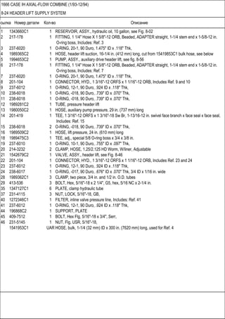 Ссылка Номер детали Кол-во Описание
1666 CASE IH AXIAL-FLOW COMBINE (1/93-12/94)
8-24 HEADER LIFT SUPPLY SYSTEM
1 1343660C1 1 RESERVOIR, ASSY., hydraulic oil, 10 gallon, see Fig. 8-02
2 217-178 1 FITTING, 1 1/4" Hose X 1 5/8"-12 ORB, Beaded, ADAPTER straight, 1-1/4 stem end x 1-5/8-12 in.
O-ring boss, Includes: Ref. 3
3 237-6020 1 O-RING, 20-1, 90 Duro, 1.475" ID x .118" Thk,
4 1989365C2 1 HOSE, header lift suction, 16-1/4 in. (412 mm) long, cut from 15419853C1 bulk hose, see below
5 1994653C2 1 PUMP, ASSY., auxiliary drive header lift, see fig. 8-56
6 217-178 1 FITTING, 1 1/4" Hose X 1 5/8"-12 ORB, Beaded, ADAPTER straight, 1-1/4 stem end x 1-5/8-12 in.
O-ring boss, Includes: Ref. 7
7 237-6020 1 O-RING, 20-1, 90 Duro, 1.475" ID x .118" Thk,
8 201-104 1 CONNECTOR, HYD., 1 3/16"-12 ORFS x 1 1/16"-12 ORB, Includes Ref. 9 and 10
9 237-6012 1 O-RING, 12-1, 90 Duro, .924 ID x .118" Thk,
10 238-6018 1 O-RING, -018, 90 Duro, .739" ID x .070" Thk,
11 238-6018 1 O-RING, -018, 90 Duro, .739" ID x .070" Thk,
12 1989281C2 1 TUBE, pressure header lift
13 1980050C2 1 HOSE, auxiliary pump pressure, 29 in. (737 mm) long
14 201-419 1 TEE, 1 3/16"-12 ORFS x 1 3/16"-18 Sw Br, 1-13/16-12 in. swivel face branch x face seal x face seal,
Includes: Ref. 15
15 238-6018 2 O-RING, -018, 90 Duro, .739" ID x .070" Thk,
16 1989509C2 1 HOSE, lift pressure, 24 in. (610 mm) long
18 1989475C3 1 TEE, adj., special 5/8 O-ring boss x 3/4 x 3/8 in.
19 237-6010 1 O-RING, 10-1, 90 Duro, .755" ID x .097" Thk,
20 214-3232 2 CLAMP, HOSE, 1.25/2.125 HD Worm, W/liner, Adjustable
21 1542679C2 1 VALVE, ASSY., header lift, see Fig. 8-46
22 201-104 1 CONNECTOR, HYD., 1 3/16"-12 ORFS x 1 1/16"-12 ORB, Includes Ref. 23 and 24
23 237-6012 1 O-RING, 12-1, 90 Duro, .924 ID x .118" Thk,
24 238-6017 1 O-RING, -017, 90 Duro, .676" ID x .070" Thk, 3/4 ID x 1/16 in. wide
28 1989362C1 3 CLAMP, two piece, 3/4 in. and 1/2 in. O.D. tubes
29 413-536 3 BOLT, Hex, 5/16"-18 x 2 1/4", G5, hex, 5/16 NC x 2-1/4 in.
35 1347127C1 6 PLATE, clamp hydraulic tube
37 231-4115 3 NUT, LOCK, 5/16"-18, GB,
40 1272346C1 1 FILTER, inline valve pressure line, Includes: Ref. 41
41 237-6012 1 O-RING, 12-1, 90 Duro, .924 ID x .118" Thk,
44 196868C2 1 SUPPORT, PLATE
45 409-7512 1 BOLT, Hex Flg, 5/16"-18 x 3/4", Serr,
46 231-5145 1 NUT, Flg, USR, 5/16"-18,
1541953C1 UAR HOSE, bulk, 1-1/4 (32 mm) ID x 300 in. (7620 mm) long, used for Ref. 4
 
