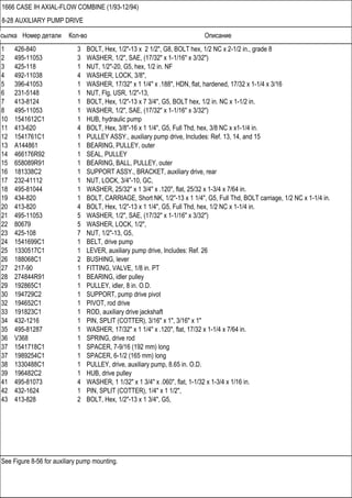 Ссылка Номер детали Кол-во Описание
See Figure 8-56 for auxiliary pump mounting.
1666 CASE IH AXIAL-FLOW COMBINE (1/93-12/94)
8-28 AUXILIARY PUMP DRIVE
1 426-840 3 BOLT, Hex, 1/2"-13 x 2 1/2", G8, BOLT hex, 1/2 NC x 2-1/2 in., grade 8
2 495-11053 3 WASHER, 1/2", SAE, (17/32" x 1-1/16" x 3/32")
3 425-118 1 NUT, 1/2"-20, G5, hex, 1/2 in. NF
4 492-11038 4 WASHER, LOCK, 3/8",
5 396-41053 1 WASHER, 17/32" x 1 1/4" x .188", HDN, flat, hardened, 17/32 x 1-1/4 x 3/16
6 231-5148 1 NUT, Flg, USR, 1/2"-13,
7 413-8124 1 BOLT, Hex, 1/2"-13 x 7 3/4", G5, BOLT hex, 1/2 in. NC x 1-1/2 in.
8 495-11053 1 WASHER, 1/2", SAE, (17/32" x 1-1/16" x 3/32")
10 1541612C1 1 HUB, hydraulic pump
11 413-620 4 BOLT, Hex, 3/8"-16 x 1 1/4", G5, Full Thd, hex, 3/8 NC x x1-1/4 in.
12 1541761C1 1 PULLEY ASSY., auxiliary pump drive, Includes: Ref. 13, 14, and 15
13 A144861 1 BEARING, PULLEY, outer
14 466176R92 1 SEAL, PULLEY
15 658089R91 1 BEARING, BALL, PULLEY, outer
16 181338C2 1 SUPPORT ASSY., BRACKET, auxiliary drive, rear
17 232-41112 1 NUT, LOCK, 3/4"-10, GC,
18 495-81044 1 WASHER, 25/32" x 1 3/4" x .120", flat, 25/32 x 1-3/4 x 7/64 in.
19 434-820 1 BOLT, CARRIAGE, Short NK, 1/2"-13 x 1 1/4", G5, Full Thd, BOLT carriage, 1/2 NC x 1-1/4 in.
20 413-820 4 BOLT, Hex, 1/2"-13 x 1 1/4", G5, Full Thd, hex, 1/2 NC x 1-1/4 in.
21 495-11053 5 WASHER, 1/2", SAE, (17/32" x 1-1/16" x 3/32")
22 80679 5 WASHER, LOCK, 1/2",
23 425-108 7 NUT, 1/2"-13, G5,
24 1541699C1 1 BELT, drive pump
25 1330517C1 1 LEVER, auxiliary pump drive, Includes: Ref. 26
26 188068C1 2 BUSHING, lever
27 217-90 1 FITTING, VALVE, 1/8 in. PT
28 274844R91 1 BEARING, idler pulley
29 192865C1 1 PULLEY, idler, 8 in. O.D.
30 194729C2 1 SUPPORT, pump drive pivot
32 194652C1 1 PIVOT, rod drive
33 191823C1 1 ROD, auxiliary drive jackshaft
34 432-1216 1 PIN, SPLIT (COTTER), 3/16" x 1", 3/16" x 1"
35 495-81287 1 WASHER, 17/32" x 1 1/4" x .120", flat, 17/32 x 1-1/4 x 7/64 in.
36 V368 1 SPRING, drive rod
37 1541718C1 1 SPACER, 7-9/16 (192 mm) long
37 1989254C1 1 SPACER, 6-1/2 (165 mm) long
38 1330488C1 1 PULLEY, drive, auxiliary pump, 8.65 in. O.D.
39 196482C2 1 HUB, drive pulley
41 495-81073 4 WASHER, 1 1/32" x 1 3/4" x .060", flat, 1-1/32 x 1-3/4 x 1/16 in.
42 432-1624 1 PIN, SPLIT (COTTER), 1/4" x 1 1/2",
43 413-828 2 BOLT, Hex, 1/2"-13 x 1 3/4", G5,
 