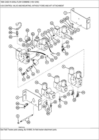 See Field Tracker parts catalog, Bur 8-8860, for field tracker attachment parts.
1666 CASE IH AXIAL-FLOW COMBINE (1/93-12/94)
8-36 CONTROL VALVE AND MOUNTING, WITHOUT FORE AND AFT ATTACHMENT
 