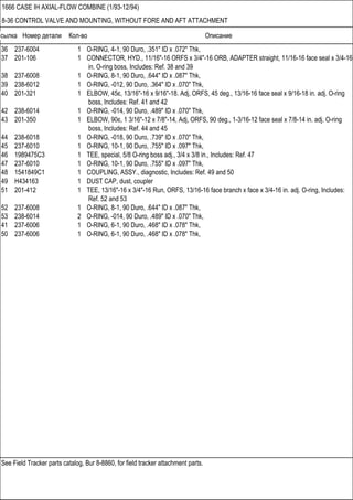 Ссылка Номер детали Кол-во Описание
See Field Tracker parts catalog, Bur 8-8860, for field tracker attachment parts.
1666 CASE IH AXIAL-FLOW COMBINE (1/93-12/94)
8-36 CONTROL VALVE AND MOUNTING, WITHOUT FORE AND AFT ATTACHMENT
36 237-6004 1 O-RING, 4-1, 90 Duro, .351" ID x .072" Thk,
37 201-106 1 CONNECTOR, HYD., 11/16"-16 ORFS x 3/4"-16 ORB, ADAPTER straight, 11/16-16 face seal x 3/4-16
in. O-ring boss, Includes: Ref. 38 and 39
38 237-6008 1 O-RING, 8-1, 90 Duro, .644" ID x .087" Thk,
39 238-6012 1 O-RING, -012, 90 Duro, .364" ID x .070" Thk,
40 201-321 1 ELBOW, 45є, 13/16"-16 x 9/16"-18. Adj, ORFS, 45 deg., 13/16-16 face seal x 9/16-18 in. adj. O-ring
boss, Includes: Ref. 41 and 42
42 238-6014 1 O-RING, -014, 90 Duro, .489" ID x .070" Thk,
43 201-350 1 ELBOW, 90є, 1 3/16"-12 x 7/8"-14, Adj, ORFS, 90 deg., 1-3/16-12 face seal x 7/8-14 in. adj. O-ring
boss, Includes: Ref. 44 and 45
44 238-6018 1 O-RING, -018, 90 Duro, .739" ID x .070" Thk,
45 237-6010 1 O-RING, 10-1, 90 Duro, .755" ID x .097" Thk,
46 1989475C3 1 TEE, special, 5/8 O-ring boss adj., 3/4 x 3/8 in., Includes: Ref. 47
47 237-6010 1 O-RING, 10-1, 90 Duro, .755" ID x .097" Thk,
48 1541849C1 1 COUPLING, ASSY., diagnostic, Includes: Ref. 49 and 50
49 H434163 1 DUST CAP, dust, coupler
51 201-412 1 TEE, 13/16"-16 x 3/4"-16 Run, ORFS, 13/16-16 face branch x face x 3/4-16 in. adj. O-ring, Includes:
Ref. 52 and 53
52 237-6008 1 O-RING, 8-1, 90 Duro, .644" ID x .087" Thk,
53 238-6014 2 O-RING, -014, 90 Duro, .489" ID x .070" Thk,
41 237-6006 1 O-RING, 6-1, 90 Duro, .468" ID x .078" Thk,
50 237-6006 1 O-RING, 6-1, 90 Duro, .468" ID x .078" Thk,
 