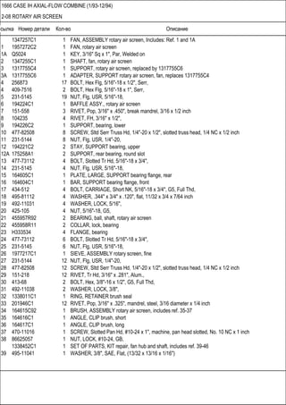 Ссылка Номер детали Кол-во Описание
1666 CASE IH AXIAL-FLOW COMBINE (1/93-12/94)
2-08 ROTARY AIR SCREEN
1347257C1 1 FAN, ASSEMBLY rotary air screen, Includes: Ref. 1 and 1A
1 1957272C2 1 FAN, rotary air screen
1A Q5024 1 KEY, 3/16" Sq x 1", Par, Welded on
2 1347255C1 1 SHAFT, fan, rotary air screen
3 1317755C4 1 SUPPORT, rotary air screen, replaced by 1317755C6
3A 1317755C6 1 ADAPTER, SUPPORT rotary air screen, fan, replaces 1317755C4
4 256873 17 BOLT, Hex Flg, 5/16"-18 x 1/2", Serr,
4 409-7516 2 BOLT, Hex Flg, 5/16"-18 x 1", Serr,
5 231-5145 19 NUT, Flg, USR, 5/16"-18,
6 194224C1 1 BAFFLE ASSY., rotary air screen
7 151-558 3 RIVET, Pop, 3/16" x .450", break mandrel, 3/16 x 1/2 inch
8 104235 4 RIVET, FH, 3/16" x 1/2",
9 194226C2 1 SUPPORT, bearing, lower
10 477-82508 8 SCREW, Sltd Serr Truss Hd, 1/4"-20 x 1/2", slotted truss head, 1/4 NC x 1/2 inch
11 231-5144 8 NUT, Flg, USR, 1/4"-20,
12 194221C2 2 STAY, SUPPORT bearing, upper
12A 175258A1 2 SUPPORT, rear bearing, round slot
13 477-73112 4 BOLT, Slotted Tr Hd, 5/16"-18 x 3/4",
14 231-5145 4 NUT, Flg, USR, 5/16"-18,
15 164605C1 1 PLATE, LARGE, SUPPORT bearing flange, rear
16 164604C1 1 BAR, SUPPORT bearing flange, front
17 434-512 4 BOLT, CARRIAGE, Short NK, 5/16"-18 x 3/4", G5, Full Thd,
18 495-81112 4 WASHER, .344" x 3/4" x .120", flat, 11/32 x 3/4 x 7/64 inch
19 492-11031 4 WASHER, LOCK, 5/16",
20 425-105 4 NUT, 5/16"-18, G5,
21 455957R92 2 BEARING, ball, shaft, rotary air screen
22 455958R11 2 COLLAR, lock, bearing
23 H333534 4 FLANGE, bearing
24 477-73112 6 BOLT, Slotted Tr Hd, 5/16"-18 x 3/4",
25 231-5145 6 NUT, Flg, USR, 5/16"-18,
26 1977217C1 1 SIEVE, ASSEMBLY rotary screen, fine
27 231-5144 12 NUT, Flg, USR, 1/4"-20,
28 477-82508 12 SCREW, Sltd Serr Truss Hd, 1/4"-20 x 1/2", slotted truss head, 1/4 NC x 1/2 inch
29 151-218 12 RIVET, Tr Hd, 3/16" x .281", Alum.,
30 413-68 2 BOLT, Hex, 3/8"-16 x 1/2", G5, Full Thd,
31 492-11038 2 WASHER, LOCK, 3/8",
32 1338011C1 1 RING, RETAINER brush seal
33 201946C1 12 RIVET, Pop, 3/16" x .325", mandrel, steel, 3/16 diameter x 1/4 inch
34 164615C92 1 BRUSH, ASSEMBLY rotary air screen, includes ref. 35-37
35 164616C1 1 ANGLE, CLIP brush, short
36 164617C1 1 ANGLE, CLIP brush, long
37 470-11016 1 SCREW, Slotted Pan Hd, #10-24 x 1", machine, pan head slotted, No. 10 NC x 1 inch
38 86625057 1 NUT, LOCK, #10-24, GB,
1338452C1 1 SET OF PARTS, KIT repair, fan hub and shaft, includes ref. 39-46
39 495-11041 1 WASHER, 3/8", SAE, Flat, (13/32 x 13/16 x 1/16")
 