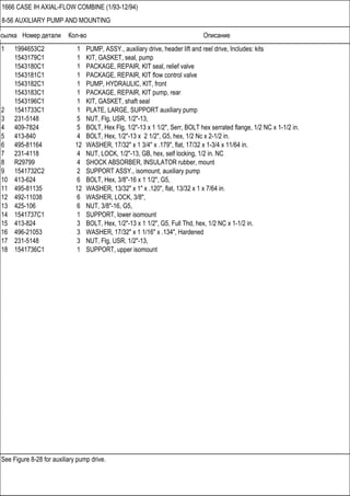 Ссылка Номер детали Кол-во Описание
See Figure 8-28 for auxiliary pump drive.
1666 CASE IH AXIAL-FLOW COMBINE (1/93-12/94)
8-56 AUXILIARY PUMP AND MOUNTING
1 1994653C2 1 PUMP, ASSY., auxiliary drive, header lift and reel drive, Includes: kits
1543179C1 1 KIT, GASKET, seal, pump
1543180C1 1 PACKAGE, REPAIR, KIT seal, relief valve
1543181C1 1 PACKAGE, REPAIR, KIT flow control valve
1543182C1 1 PUMP, HYDRAULIC, KIT, front
1543183C1 1 PACKAGE, REPAIR, KIT pump, rear
1543196C1 1 KIT, GASKET, shaft seal
2 1541733C1 1 PLATE, LARGE, SUPPORT auxiliary pump
3 231-5148 5 NUT, Flg, USR, 1/2"-13,
4 409-7824 5 BOLT, Hex Flg, 1/2"-13 x 1 1/2", Serr, BOLT hex serrated flange, 1/2 NC x 1-1/2 in.
5 413-840 4 BOLT, Hex, 1/2"-13 x 2 1/2", G5, hex, 1/2 Nc x 2-1/2 in.
6 495-81164 12 WASHER, 17/32" x 1 3/4" x .179", flat, 17/32 x 1-3/4 x 11/64 in.
7 231-4118 4 NUT, LOCK, 1/2"-13, GB, hex, self locking, 1/2 in. NC
8 R29799 4 SHOCK ABSORBER, INSULATOR rubber, mount
9 1541732C2 2 SUPPORT ASSY., isomount, auxiliary pump
10 413-624 6 BOLT, Hex, 3/8"-16 x 1 1/2", G5,
11 495-81135 12 WASHER, 13/32" x 1" x .120", flat, 13/32 x 1 x 7/64 in.
12 492-11038 6 WASHER, LOCK, 3/8",
13 425-106 6 NUT, 3/8"-16, G5,
14 1541737C1 1 SUPPORT, lower isomount
15 413-824 3 BOLT, Hex, 1/2"-13 x 1 1/2", G5, Full Thd, hex, 1/2 NC x 1-1/2 in.
16 496-21053 3 WASHER, 17/32" x 1 1/16" x .134", Hardened
17 231-5148 3 NUT, Flg, USR, 1/2"-13,
18 1541736C1 1 SUPPORT, upper isomount
 