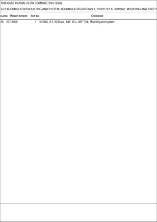 Ссылка Номер детали Кол-во Описание
1666 CASE IH AXIAL-FLOW COMBINE (1/93-12/94)
8-72 ACCUMULATOR MOUNTING AND SYSTEM, ACCUMULATOR ASSEMBLY, 1978111C1 & 128191A1, MOUNTING AND SYSTEM
28 237-6008 1 O-RING, 8-1, 90 Duro, .644" ID x .087" Thk, Mounting and system
 