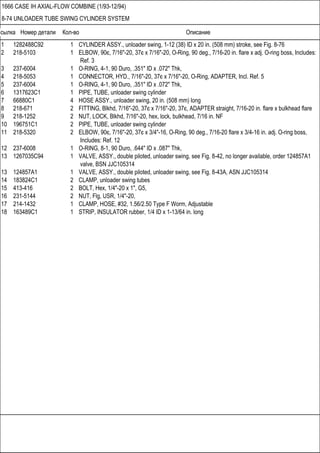 Ссылка Номер детали Кол-во Описание
1666 CASE IH AXIAL-FLOW COMBINE (1/93-12/94)
8-74 UNLOADER TUBE SWING CYLINDER SYSTEM
1 1282488C92 1 CYLINDER ASSY., unloader swing, 1-12 (38) ID x 20 in. (508 mm) stroke, see Fig. 8-76
2 218-5103 1 ELBOW, 90є, 7/16"-20, 37є x 7/16"-20, O-Ring, 90 deg., 7/16-20 in. flare x adj. O-ring boss, Includes:
Ref. 3
3 237-6004 1 O-RING, 4-1, 90 Duro, .351" ID x .072" Thk,
4 218-5053 1 CONNECTOR, HYD., 7/16"-20, 37є x 7/16"-20, O-Ring, ADAPTER, Incl. Ref. 5
5 237-6004 1 O-RING, 4-1, 90 Duro, .351" ID x .072" Thk,
6 1317623C1 1 PIPE, TUBE, unloader swing cylinder
7 66880C1 4 HOSE ASSY., unloader swing, 20 in. (508 mm) long
8 218-671 2 FITTING, Blkhd, 7/16"-20, 37є x 7/16"-20, 37є, ADAPTER straight, 7/16-20 in. flare x bulkhead flare
9 218-1252 2 NUT, LOCK, Blkhd, 7/16"-20, hex, lock, bulkhead, 7/16 in. NF
10 196751C1 2 PIPE, TUBE, unloader swing cylinder
11 218-5320 2 ELBOW, 90є, 7/16"-20, 37є x 3/4"-16, O-Ring, 90 deg., 7/16-20 flare x 3/4-16 in. adj. O-ring boss,
Includes: Ref. 12
12 237-6008 1 O-RING, 8-1, 90 Duro, .644" ID x .087" Thk,
13 1267035C94 1 VALVE, ASSY., double piloted, unloader swing, see Fig. 8-42, no longer available, order 124857A1
valve, BSN JJC105314
13 124857A1 1 VALVE, ASSY., double piloted, unloader swing, see Fig. 8-43A, ASN JJC105314
14 183824C1 2 CLAMP, unloader swing tubes
15 413-416 2 BOLT, Hex, 1/4"-20 x 1", G5,
16 231-5144 2 NUT, Flg, USR, 1/4"-20,
17 214-1432 1 CLAMP, HOSE, #32, 1.56/2.50 Type F Worm, Adjustable
18 163489C1 1 STRIP, INSULATOR rubber, 1/4 ID x 1-13/64 in. long
 