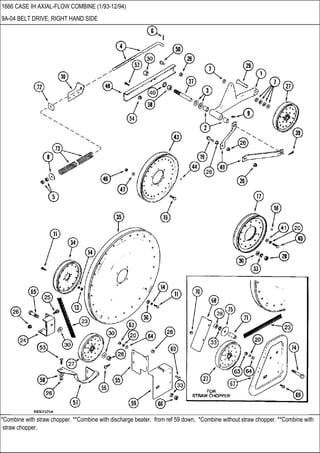 *Combine with straw chopper. **Combine with discharge beater. from ref 59 down, *Combine without straw chopper. **Combine with
straw chopper.
1666 CASE IH AXIAL-FLOW COMBINE (1/93-12/94)
9A-04 BELT DRIVE, RIGHT HAND SIDE
 