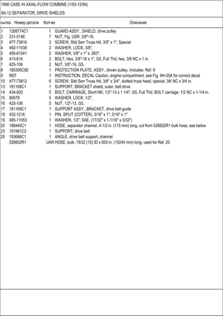 Ссылка Номер детали Кол-во Описание
1666 CASE IH AXIAL-FLOW COMBINE (1/93-12/94)
9A-12 SEPARATOR, DRIVE SHIELDS
1 1308774C1 1 GUARD ASSY., SHIELD, drive pulley
2 231-5146 7 NUT, Flg, USR, 3/8"-16,
3 477-73816 3 SCREW, Sltd Serr Truss Hd, 3/8" x 1", Special
4 492-11038 2 WASHER, LOCK, 3/8",
5 495-61041 2 WASHER, 3/8" x 1" x .063",
6 413-616 2 BOLT, Hex, 3/8"-16 x 1", G5, Full Thd, hex, 3/8 NC x 1 in.
7 425-106 2 NUT, 3/8"-16, G5,
8 185395C92 1 PROTECTION PLATE, ASSY., driven pulley, Includes: Ref. 9
9 REF 1 INSTRUCTION, DECAL Caution, engine compartment, see Fig. 9H-35A for correct decal
10 477-73812 6 SCREW, Sltd Serr Truss Hd, 3/8" x 3/4", slotted truss head, special, 38/ NC x 3/4 in.
13 181168C1 1 SUPPORT, BRACKET shield, outer, belt drive
14 434-820 5 BOLT, CARRIAGE, Short NK, 1/2"-13 x 1 1/4", G5, Full Thd, BOLT carriage, 1/2 NC x 1-1/4 in.
15 80679 5 WASHER, LOCK, 1/2",
16 425-108 5 NUT, 1/2"-13, G5,
17 181169C1 1 SUPPORT ASSY., BRACKET, drive belt guide
18 432-1216 1 PIN, SPLIT (COTTER), 3/16" x 1", 3/16" x 1"
19 495-11053 1 WASHER, 1/2", SAE, (17/32" x 1-1/16" x 3/32")
20 188440C1 1 HOSE, separator channel, 4-1/2 in. (115 mm) long, cut from 526602R1 bulk hose, see below
23 191961C2 1 SUPPORT, drive belt
25 193686C1 1 ANGLE, drive belt support, channel
526602R1 UAR HOSE, bulk, 19/32 (15) ID x 600 in. (15240 mm) long, used for Ref. 20
 