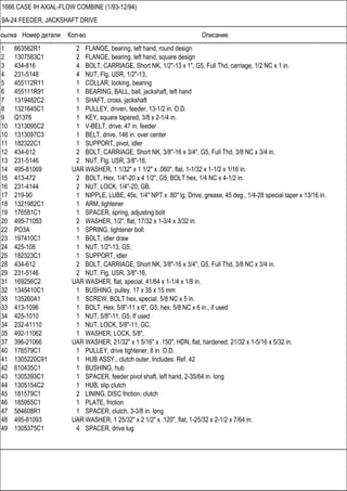Ссылка Номер детали Кол-во Описание
1666 CASE IH AXIAL-FLOW COMBINE (1/93-12/94)
9A-24 FEEDER, JACKSHAFT DRIVE
1 663562R1 2 FLANGE, bearing, left hand, round design
2 1307583C1 2 FLANGE, bearing, left hand, square design
3 434-816 4 BOLT, CARRIAGE, Short NK, 1/2"-13 x 1", G5, Full Thd, carriage, 1/2 NC x 1 in.
4 231-5148 4 NUT, Flg, USR, 1/2"-13,
5 455112R11 1 COLLAR, locking, bearing
6 455111R91 1 BEARING, BALL, ball, jackshaft, left hand
7 1319482C2 1 SHAFT, cross, jackshaft
8 1321645C1 1 PULLEY, driven, feeder, 13-1/2 in. O.D.
9 Q1376 1 KEY, square tapered, 3/8 x 2-1/4 in.
10 1313095C2 1 V-BELT, drive, 47 in. feeder
10 1313097C3 1 BELT, drive, 146 in. over center
11 182322C1 1 SUPPORT, pivot, idler
12 434-612 2 BOLT, CARRIAGE, Short NK, 3/8"-16 x 3/4", G5, Full Thd, 3/8 NC x 3/4 in.
13 231-5146 2 NUT, Flg, USR, 3/8"-16,
14 495-81069 UAR WASHER, 1 1/32" x 1 1/2" x .060", flat, 1-1/32 x 1-1/2 x 1/16 in.
15 413-472 2 BOLT, Hex, 1/4"-20 x 4 1/2", G5, BOLT hex, 1/4 NC x 4-1/2 in.
16 231-4144 2 NUT, LOCK, 1/4"-20, GB,
17 219-90 1 NIPPLE, LUBE, 45є, 1/4" NPT x .80" lg, Drive, grease, 45 deg., 1/4-28 special taper x 13/16 in.
18 1321982C1 1 ARM, tightener
19 176581C1 1 SPACER, spring, adjusting bolt
20 495-71053 2 WASHER, 1/2", flat, 17/32 x 1-3/4 x 3/32 in.
22 PO3A 1 SPRING, tightener bolt
23 197410C1 1 BOLT, idler draw
24 425-108 1 NUT, 1/2"-13, G5,
25 182323C1 1 SUPPORT, idler
28 434-612 2 BOLT, CARRIAGE, Short NK, 3/8"-16 x 3/4", G5, Full Thd, 3/8 NC x 3/4 in.
29 231-5146 2 NUT, Flg, USR, 3/8"-16,
31 169256C2 UAR WASHER, flat, special, 41/64 x 1-1/4 x 1/8 in.
32 1345410C1 1 BUSHING, pulley, 17 x 35 x 15 mm
33 135260A1 1 SCREW, BOLT hex, special, 5/8 NC x 5 in.
33 413-1096 1 BOLT, Hex, 5/8"-11 x 6", G5, hex, 5/8 NC x 6 in., if used
34 425-1010 1 NUT, 5/8"-11, G5, If used
34 232-41110 1 NUT, LOCK, 5/8"-11, GC,
35 492-11062 1 WASHER, LOCK, 5/8",
37 396-21066 UAR WASHER, 21/32" x 1 5/16" x .150", HDN, flat, hardened, 21/32 x 1-5/16 x 5/32 in.
40 176579C1 1 PULLEY, drive tightener, 8 in. O.D.
41 1305220C91 1 HUB ASSY., clutch outer, Includes: Ref. 42
42 610435C1 1 BUSHING, hub
43 1305393C1 1 SPACER, feeder pivot shaft, left hand, 2-35/64 in. long
44 1305154C2 1 HUB, slip clutch
45 181579C1 2 LINING, DISC friction, clutch
46 185955C1 1 PLATE, friction
47 584608R1 1 SPACER, clutch, 3-3/8 in. long
48 495-81093 UAR WASHER, 1 25/32" x 2 1/2" x .120", flat, 1-25/32 x 2-1/2 x 7/64 in.
49 1305375C1 4 SPACER, drive lug
 