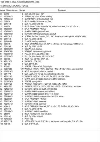 Ссылка Номер детали Кол-во Описание
1666 CASE IH AXIAL-FLOW COMBINE (1/93-12/94)
9A-24 FEEDER, JACKSHAFT DRIVE
50 Q3959 2 KEY, Gib, 3/8" Sq x 4 1/2",
51 1305692C2 8 SPRING, slip clutch, 10 with rock trap
52 1345355C1 1 GUARD ASSY., SHIELD support, front
53 256873 2 BOLT, Hex Flg, 5/16"-18 x 1/2", Serr,
54 231-5145 4 NUT, Flg, USR, 5/16"-18,
55 135270 2 BOLT, Slotted Tr Hd, 5/16"-18 x 3/4", slotted truss head, 5/16 NC x 3/4 in.
56 480523R1 1 SPLIT PIN/SAFETY PIN, hair
57 1345358C1 1 GUARD, SHIELD, jackshaft, end
58 1345199C1 2 SUPPORT, HINGE shield, feeder jackshaft
59 477-73812 4 SCREW, Sltd Serr Truss Hd, 3/8" x 3/4", slotted truss head, special, 3/8 NC x 3/4 in.
60 231-5146 4 NUT, Flg, USR, 3/8"-16,
61 619333R1 2 FLANGE, bearing, right hand
62 434-816 4 BOLT, CARRIAGE, Short NK, 1/2"-13 x 1", G5, Full Thd, carriage, 1/2 NC x 1 in.
63 231-5148 4 NUT, Flg, USR, 1/2"-13,
65 664598R11 1 COLLAR, lock, bearing
66 664597R91 1 BEARING, ball jackshaft, right hand
67 1305297C1 1 PULLEY, driven, 22-9/16 in. O.D.
68 1305288C1 1 PULLEY, drive, feeder, 16-11/16 in. O.D.
69 326-656 4 BOLT, Hex, 3/8"-16 x 3 1/2", G8,
70 492-11038 4 WASHER, LOCK, 3/8",
71 329-106 4 NUT, 3/8"-16, G8,
72 M74461 1 SPACER, 1" Pipe x 3/4", Support pin
73 495-81069 UAR WASHER, 1 1/32" x 1 1/2" x .060", flat, 1-1/32 x 1-1/2 x 1/16 in., used as a shim
74 1315319C1 8 BOLT, hex, special, 3/8 x 6 in., grade 8
75 231-4116 8 NUT, LOCK, 3/8"-16, GB, hex, self locking, 3/8 in. NC
77 495-81143 16 WASHER, 13/32" x 1 1/2" x .120", flat, 13/32 x 1-1/2 x 7/64 in.
78 1320160C3 1 SHAFT, conveyor, feeder, see Fig. 9A-34 for cotter pins
79 1305370C3 8 SPACER, spring clutch
80 495-81129 8 WASHER, 13/32" x 3/4" x .120", flat, 13/32 x 3/4 x 7/64 in.
81 495-81093 5 WASHER, 1 25/32" x 2 1/2" x .120", flat, 1-25/32 x 2-1/2 x 7/64 in., not shown
82 1315316C1 2 SUPPORT, spring, slip clutch, with rock trap
83 1345357C1 1 GUARD, SHIELD jackshaft end, left hand
85 1321841C1 1 GUARD, SHIELD jackshaft drive, 47 in. feeder
85 1321966C1 1 SUPPORT, SHIELD jackshaft drive, 54-1/2 in. feeder
86 480523R1 4 SPLIT PIN/SAFETY PIN, hair
87 1327779C1 1 SUPPORT, shield, upper rear
88 1321851C1 1 SUPPORT, shield, lower rear
89 434-612 3 BOLT, CARRIAGE, Short NK, 3/8"-16 x 3/4", G5, Full Thd, 3/8 NC x 3/4 in.
90 231-5146 3 NUT, Flg, USR, 3/8"-16,
92 1321853C1 1 SUPPORT, SHIELD lower front
93 256873 2 BOLT, Hex Flg, 5/16"-18 x 1/2", Serr,
94 231-5145 2 NUT, Flg, USR, 5/16"-18,
101 194652C1 1 PIVOT, rod
105 485-13116 2 SET SCREW, Sq Hd, 5/16"-18 x 1", set, square head, cup point, 5/16 NC x 1 in.
106 425-105 2 NUT, 5/16"-18, G5,
 