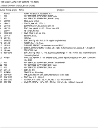 Ссылка Номер детали Кол-во Описание
1666 CASE IH AXIAL-FLOW COMBINE (1/93-12/94)
2-12 WATER PUMP SYSTEM, 6T-830 ENGINE
A77704 1 PUMP, WATER, KIT, includes ref. 1-3
1 NSS NOT SERVICED SEPARATELY, PUMP water
2 NSS NOT SERVICED SEPARATELY, PULLEY pump
3 J902089 1 SEAL, pump to block
4 J900227 3 SCREW, Hex, M8 x 1.25 x 22,
5 J910738 1 SUPPORT ASSY., fan, includes ref. 6-10
6 J907769 1 BOLT, hex, special, 10 - 1.5 x 70 mm, class 12.9
7 J923044 1 RETAINER, fan hub
8 100-21250 2 RING, SNAP, 2.50", Int, #250,
9 J910739 1 BEARING, BALL,
10 J911924 1 HUB, fan
11 845-8050 4 BOLT, Hex Flg, M8 x 50, 8.8, Fan support to cylinder head
12 J914462 1 PULLEY, fan, 1.1 to 1 ratio
15 J925188 1 SUPPORT, BRACKET belt tensioner, replaces J911473
17 J925186 2 SCREW, COUNTERSUNK, Torx Soc, M8 x 1.25 x 25, flat head cap, torx, special, 8 - 1.25 x 25 mm
18 J918944 1 TENSIONER, belt
19 854-10075 1 BOLT, Hex Flg, M10 x 75, 10.9, BOLT heavy hex flange, 10 - 1.5 x 75 mm, class 10.9 belt tensioner
to mounting bracket
20 A77817 1 PACKAGE, REPAIR, KIT belt tensioner pulley, used to replace pulley of J918944, Ref. 18, Includes:
Ref. 21-23
21 NSS NOT SERVICED SEPARATELY, PULLEY belt tensioner
22 NSS NOT SERVICED SEPARATELY, BOLT pulley
23 NSS NOT SERVICED SEPARATELY, SEAL bolt
24 J911572 1 BELT, fan drive
25 A184548 1 SPACER, fan, 90 mm long
26 1547933C1 1 FAN, pulley, 650 mm O.D., part number stamped on fan blade
27 814-10130 4 BOLT, Hex, M10 x 130, 8.8,
28 896-12010 4 WASHER, M10 x 21.5 x 2.5, HT, flat, 11 x 21 x 2.5 mm, hardened
29 96-81004 4 WASHER, 13/32" x 1 1/4" x .239", HDN, flat, 13/32 x 1-1/4 x 15/64 inch, hardened
 