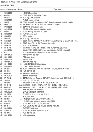 Ссылка Номер детали Кол-во Описание
1666 CASE IH AXIAL-FLOW COMBINE (1/93-12/94)
9A-38 ROCK TRAP
1 1327628C3 1 HOUSING, rock trap
2 409-7516 6 BOLT, Hex Flg, 5/16"-18 x 1", Serr,
3 231-5145 27 NUT, Flg, USR, 5/16"-18,
4 1320279C1 1 ANGLE, wear, rock trap
5 135270 12 BOLT, Slotted Tr Hd, 5/16"-18 x 3/4", slotted truss head, 5/16 NC x 3/4 in.
6 495-81135 6 WASHER, 13/32" x 1" x .120", flat, 13/32 x 1 x 7/64 in.
7 179665C91 2 BEARING, BALL, ball, beater
8 1327925C4 1 COVER ASSY, housing, rock trap, beater
9 409-7612 4 BOLT, Hex Flg, 3/8"-16 x 3/4", Serr,
10 1320254C1 2 PLATE, backup seal
12 195202C1 2 SEAL, feeder
13 231-5146 11 NUT, Flg, USR, 3/8"-16,
14 154273C1 7 BOLT, Hex Flg, 3/8"-16 x 1", Serr, BOLT hex, self locking, special, 3/8 NC x 1 in.
15 326-16128 2 BOLT, Hex, 1"-8 x 8", G8, Replaces 326-16104
16 232-41316 2 NUT, LOCK, 1"-8, GC,
17 495-11106 4 WASHER, 1", SAE, flat, 1-1/16 x 2 x 1/8 in., replaces 396-31106
1324907C1 1 INSPECTION DOOR, ASSY., rock trap, Includes: Ref. 18, 19, and 20
18 NSS 1 NOT SERVICED SEPARATELY, DOOR rock trap
19 1320154C1 1 HINGE, door, rock trap
20 1320149C1 1 ROD, door hinge
21 1324880C1 1 ANGLE, door
22 1319834C1 1 BEATER, feed, trap
23 1324438C1 3 KNIFE, EXTENSION blade, beater
23 1320921C2 3 BLADE, beater, serrated
24 434-624 15 BOLT, CARRIAGE, Short NK, 3/8"-16 x 1 1/2", G5, 3/8 NC x 1-1/2 in.
25 425-106 15 NUT, 3/8"-16, G5,
26 492-11038 15 WASHER, LOCK, 3/8",
27 1327502C1 1 SHAFT, beater drive
28 477-73812 5 SCREW, Sltd Serr Truss Hd, 3/8" x 3/4", slotted truss head, 3/8 NC x 3/4 in.
29 231-5146 5 NUT, Flg, USR, 3/8"-16,
30 432-2040 2 PIN, SPLIT (COTTER), 5/16" x 2 1/2", 5/16" x 2 1/2"
31 495-81092 UAR WASHER, 1 25/32" x 2 1/2" x .060", flat, 1-25/32 x 2-1/2 x 3/64 in.
32 495-81093 UAR WASHER, 1 25/32" x 2 1/2" x .120", flat, 1-25/32 x 2-1/2 x 7/64 in.
35 1320268C1 1 SPACER, sprocket, left hand
36 1320269C1 1 SPACER, sprocket, right hand
37 162172C1 1 SPACER, 1-13/16 x 2-1/4 x 1-15/16 in.
40 1320151C1 1 ROD, door latch
41 432-1216 2 PIN, SPLIT (COTTER), 3/16" x 1", 3/16" x 1"
42 188915A1 1 HANDLE, door, left hand, replaces 1324752C1
43 413-816 2 BOLT, Hex, 1/2"-13 x 1", G5, Full Thd,
44 231-4118 2 NUT, LOCK, 1/2"-13, GB, hex, self locking, 1/2 in. NC
46 1324742C1 1 SUPPORT, latch stop
47 174608C2 3 BOLT, hex, special, 3/8 NC x 1-1/2 in.
48 425-106 3 NUT, 3/8"-16, G5,
49 1320128C1 2 LINK, connecting
 