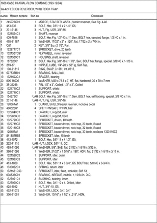Ссылка Номер детали Кол-во Описание
1666 CASE IH AXIAL-FLOW COMBINE (1/93-12/94)
9A-42 FEEDER REVERSER, WITH ROCK TRAP
1 245927C91 1 MOTOR, STARTER, ASSY., feeder reverser, See Fig. 4-46
2 413-636 3 BOLT, Hex, 3/8"-16 x 2 1/4", G5,
3 231-5146 3 NUT, Flg, USR, 3/8"-16,
4 1321534C1 1 SHAFT, reverser
5 409-7816 1 BOLT, Hex Flg, 1/2"-13 x 1", Serr, BOLT hex, serrated flange, 1/2 NC x 1 in.
6 495-91167 2 WASHER, 17/32" x 2" x .120", flat, 17/32 x 2 x 7/64 in.
7 Q51 2 KEY, 3/8" Sq x 2 1/2", Par,
8 1329717C1 1 SPROCKET, drive, 20 teeth
10 1321537C91 1 FLYWHEEL, motor, reverser
12 1321539C1 1 HOUSING, shaft, reverser
13 187620C1 2 BOLT, Hex Flg, 3/8"-16 x 1 1/2", Serr, BOLT hex flange, special, 3/8 NC x 1-1/2 in.
15 219-87 3 NIPPLE, LUBE, 1/4"-28 x .56" lg, Self-Tap,
17 100-21315 2 RING, SNAP, 3.156", Int, #315,
18 597537R91 2 BEARING, BALL, ball
19 1321523C1 1 SPACER, bearing
20 896-16036 1 WASHER, M39 x 78.5 x 7, HT, flat, hardened, 39 x 78 x 7 mm
21 38-33248 1 PIN, 1/2" x 3", Coiled, 1/2" x 3", Coiled
22 1321780C2 1 SUPPORT, shield
24 1321710C1 1 SUPPORT, shield
25 154273C1 UAR BOLT, Hex Flg, 3/8"-16 x 1", Serr, BOLT hex, self locking, special, 3/8 NC x 1 in.
26 231-5146 UAR NUT, Flg, USR, 3/8"-16,
28 120867A1 1 GUARD, SHIELD feeder reverser, includes decal
29 480523R1 4 SPLIT PIN/SAFETY PIN, hair
33 1329840C1 1 BRACKET, support, rear
34 1329838C2 1 BRACKET, support, front
35 1329720C2 1 SPROCKET, driven, 40 teeth
36 1329719C2 1 SPROCKET, beater driven, rock trap, 20 teeth, if used
36 1320110C3 1 SPROCKET, beater driven, rock trap, 32 teeth, if used
36 125407A1 1 SPROCKET, beater driven, rock trap, 30 teeth, replaces 1320110C3
37 541857R92 1 SPROCKET, idler, 15 teeth
38 413-1072 1 BOLT, Hex, 5/8"-11 x 4 1/2", G5,
39 232-41110 UAR NUT, LOCK, 5/8"-11, GC,
40 495-11066 UAR WASHER, 5/8", SAE, flat, 21/32 x 1-5/16 x 3/32 in.
41 396-31066 1 WASHER, 21/32" x 1 5/16" x .188", HDN, flat, 21/32 x 1-5/16 x 3/16 in.
44 1321528C2 1 SUPPORT, idler, outer
45 1321933C3 1 SUPPORT, idler
47 413-1060 1 BOLT, Hex, 5/8"-11 x 3 3/4", G5, BOLT hex, 5/8 NC x 3-3/4 in.
48 1330032C1 1 SPRING, return, idler
50 1321531C93 1 SPROCKET, idler, fixed, Includes: Ref. 51
51 630836C91 1 BEARING, NEEDLE, neddle, 1-19/64 in. O.D.
52 1327991C1 2 BUSHING, bearing, inner
53 1327990C1 1 BOLT, Hex, 3/4"-10 x 4, Drilled, Idler
54 425-1012 1 NUT, 3/4"-10, G5,
55 492-11075 1 WASHER, LOCK, 3/4", 3/4"
56 396-31081 2 WASHER, 13/16" x 1 1/2" x .219", HDN,
 