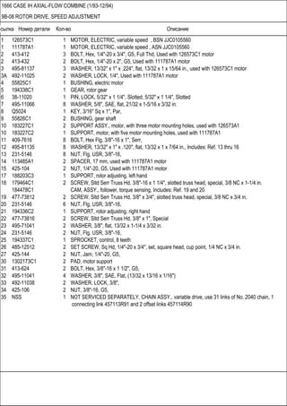 Ссылка Номер детали Кол-во Описание
1666 CASE IH AXIAL-FLOW COMBINE (1/93-12/94)
9B-08 ROTOR DRIVE, SPEED ADJUSTMENT
1 126573C1 1 MOTOR, ELECTRIC, variable speed , BSN JJC0105560
1 111787A1 1 MOTOR, ELECTRIC, variable speed , ASN JJC0105560
2 413-412 3 BOLT, Hex, 1/4"-20 x 3/4", G5, Full Thd, Used with 126573C1 motor
2 413-432 2 BOLT, Hex, 1/4"-20 x 2", G5, Used with 111787A1 motor
3 495-81137 3 WASHER, 13/32" x 1" x .224", flat, 13/32 x 1 x 15/64 in., used with 126573C1 motor
3A 492-11025 2 WASHER, LOCK, 1/4", Used with 111787A1 motor
4 55825C1 1 BUSHING, electric motor
5 194338C1 1 GEAR, rotor gear
6 38-11020 1 PIN, LOCK, 5/32" x 1 1/4", Slotted, 5/32" x 1 1/4", Slotted
7 495-11066 8 WASHER, 5/8", SAE, flat, 21/32 x 1-5/16 x 3/32 in.
8 Q5024 1 KEY, 3/16" Sq x 1", Par,
9 55826C1 2 BUSHING, gear shaft
10 183227C1 2 SUPPORT ASSY., motor, with three motor mounting holes, used with 126573A1
10 183227C2 1 SUPPORT, motor, with five motor mounting holes, used with 111787A1
11 409-7616 8 BOLT, Hex Flg, 3/8"-16 x 1", Serr,
12 495-81135 8 WASHER, 13/32" x 1" x .120", flat, 13/32 x 1 x 7/64 in., Includes: Ref. 13 thru 16
13 231-5146 8 NUT, Flg, USR, 3/8"-16,
14 113485A1 2 SPACER, 17 mm, used with 111787A1 motor
15 425-104 2 NUT, 1/4"-20, G5, Used with 111787A1 motor
17 188203C3 1 SUPPORT, rotor adjusting, left hand
18 179464C1 2 SCREW, Sltd Serr Truss Hd, 3/8"-16 x 1 1/4", slotted truss head, special, 3/8 NC x 1-1/4 in.
184478C1 CAM, ASSY., follower, torque sensing, Includes: Ref. 19 and 20
19 477-73812 2 SCREW, Sltd Serr Truss Hd, 3/8" x 3/4", slotted truss head, special, 3/8 NC x 3/4 in.
20 231-5146 6 NUT, Flg, USR, 3/8"-16,
21 194336C2 1 SUPPORT, rotor adjusting, right hand
22 477-73816 2 SCREW, Sltd Serr Truss Hd, 3/8" x 1", Special
23 495-71041 2 WASHER, 3/8", flat, 13/32 x 1-1/4 x 3/32 in.
24 231-5146 2 NUT, Flg, USR, 3/8"-16,
25 194337C1 1 SPROCKET, control, 8 teeth
26 485-12512 2 SET SCREW, Sq Hd, 1/4"-20 x 3/4", set, square head, cup point, 1/4 NC x 3/4 in.
27 425-144 2 NUT, Jam, 1/4"-20, G5,
30 1302173C1 2 PAD, motor support
31 413-624 2 BOLT, Hex, 3/8"-16 x 1 1/2", G5,
32 495-11041 4 WASHER, 3/8", SAE, Flat, (13/32 x 13/16 x 1/16")
33 492-11038 2 WASHER, LOCK, 3/8",
34 425-106 2 NUT, 3/8"-16, G5,
35 NSS 1 NOT SERVICED SEPARATELY, CHAIN ASSY., variable drive, use 31 links of No. 2040 chain, 1
connecting link 457113R91 and 2 offset links 457114R90
 