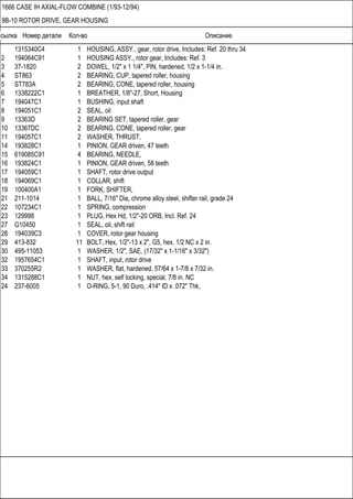 Ссылка Номер детали Кол-во Описание
1666 CASE IH AXIAL-FLOW COMBINE (1/93-12/94)
9B-10 ROTOR DRIVE, GEAR HOUSING
1315340C4 1 HOUSING, ASSY., gear, rotor drive, Includes: Ref. 20 thru 34
2 194064C91 1 HOUSING ASSY., rotor gear, Includes: Ref. 3
3 37-1820 2 DOWEL, 1/2" x 1 1/4", PIN, hardened, 1/2 x 1-1/4 in.
4 ST863 2 BEARING, CUP, tapered roller, housing
5 ST783A 2 BEARING, CONE, tapered roller, housing
6 1338222C1 1 BREATHER, 1/8"-27, Short, Housing
7 194047C1 1 BUSHING, input shaft
8 194051C1 2 SEAL, oil
9 13363D 2 BEARING SET, tapered roller, gear
10 13367DC 2 BEARING, CONE, tapered roller, gear
11 194057C1 2 WASHER, THRUST,
14 193828C1 1 PINION, GEAR driven, 47 teeth
15 619085C91 4 BEARING, NEEDLE,
16 193824C1 1 PINION, GEAR driven, 58 teeth
17 194059C1 1 SHAFT, rotor drive output
18 194069C1 1 COLLAR, shift
19 100400A1 1 FORK, SHIFTER,
21 211-1014 1 BALL, 7/16" Dia, chrome alloy steel, shifter rail, grade 24
22 107234C1 1 SPRING, compression
23 129998 1 PLUG, Hex Hd, 1/2"-20 ORB, Incl. Ref. 24
27 G10450 1 SEAL, oil, shift rail
28 194039C3 1 COVER, rotor gear housing
29 413-832 11 BOLT, Hex, 1/2"-13 x 2", G5, hex, 1/2 NC x 2 in.
30 495-11053 1 WASHER, 1/2", SAE, (17/32" x 1-1/16" x 3/32")
32 1957654C1 1 SHAFT, input, rotor drive
33 370255R2 1 WASHER, flat, hardened, 57/64 x 1-7/8 x 7/32 in.
34 1315288C1 1 NUT, hex, self locking, special, 7/8 in. NC
24 237-6005 1 O-RING, 5-1, 90 Duro, .414" ID x .072" Thk,
 