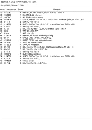Ссылка Номер детали Кол-во Описание
1666 CASE IH AXIAL-FLOW COMBINE (1/93-12/94)
9B-16 ROTOR, SPECIALTY CROP
49 70330C1 1 WASHER, flat, rotor front shaft, special, 25/32 x 2-1/2 x 1/4 in.
50 193282C91 1 BEARING, BALL, rotor front
53 1309076C1 1 HOUSING, rotor front bearing
54 179464C1 2 SCREW, Sltd Serr Truss Hd, 3/8"-16 x 1 1/4", slotted truss head, special, 3/8 NC x 1-1/4 in.
55 231-5146 2 NUT, Flg, USR, 3/8"-16,
56 161945C1 2 SCREW, Sltd Serr Truss Hd, 5/16"-18 x 1", slotted truss head, 5/16 NC x 1 in.
57 231-5145 2 NUT, Flg, USR, 5/16"-18,
58 413-824 3 BOLT, Hex, 1/2"-13 x 1 1/2", G5, Full Thd, hex, 1/2 Nc x 1-1/2 in.
59 80679 3 WASHER, LOCK, 1/2",
60 425-108 3 NUT, 1/2"-13, G5,
61 183449C1 1 WASHER, flat, special, front bearing housing
62 219-87 1 NIPPLE, LUBE, 1/4"-28 x .56" lg, Self-Tap,
63 1979965C1 1 ROTOR, ROTOR multi position tachometer
64 1301239C1 1 SUPPORT, rotor tachometer
67 193163C5 1 SUPPORT, front bearing
70 409-7816 4 BOLT, Hex Flg, 1/2"-13 x 1", Serr, BOLT hex serrated flange, 1/2 NC x 1 in.
71 409-7820 3 BOLT, Hex Flg, 1/2"-13 x 1 1/4", Serr,
72 231-5148 7 NUT, Flg, USR, 1/2"-13,
73 1308967C1 1 BAR, front door hold down
74 161945C1 4 SCREW, Sltd Serr Truss Hd, 5/16"-18 x 1", slotted truss head, 5/16 NC x 1 in.
75 231-5145 4 NUT, Flg, USR, 5/16"-18,
80 182845C4 1 SHIELD, sensor
81 409-7612 3 BOLT, Hex Flg, 3/8"-16 x 3/4", Serr,
 
