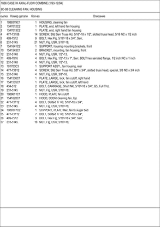 Ссылка Номер детали Кол-во Описание
1666 CASE IH AXIAL-FLOW COMBINE (1/93-12/94)
9C-08 CLEANING FAN, HOUSING
1 1989379C1 1 HOUSING, cleaning fan
2 1347012C2 1 PLATE, end, left hand fan housing
3 1347013C2 1 PLATE, end, right hand fan housing
4 477-73108 14 SCREW, Sltd Serr Truss Hd, 5/16"-18 x 1/2", slotted truss head, 5/16 NC x 1/2 inch
5 409-7512 9 BOLT, Hex Flg, 5/16"-18 x 3/4", Serr,
6 231-5145 21 NUT, Flg, USR, 5/16"-18,
7 1541641C2 1 SUPPORT, housing mounting brackets, front
10 1541543C1 2 BRACKET, mounting, fan housing, front
12 231-5148 4 NUT, Flg, USR, 1/2"-13,
11 409-7816 4 BOLT, Hex Flg, 1/2"-13 x 1", Serr, BOLT hex serrated flange, 1/2 inch NC x 1 inch
12 231-5148 4 NUT, Flg, USR, 1/2"-13,
13 191703C3 1 SUPPORT ASSY., fan housing, rear
14 477-73812 4 SCREW, Sltd Serr Truss Hd, 3/8" x 3/4", slotted truss head, special, 3/8 NC x 3/4 inch
15 231-5146 4 NUT, Flg, USR, 3/8"-16,
16 1541536C1 1 PLATE, LARGE, lock, fan cutoff, right hand
17 1541535C1 1 PLATE, LARGE, lock, fan cutoff, left hand
18 434-512 2 BOLT, CARRIAGE, Short NK, 5/16"-18 x 3/4", G5, Full Thd,
19 231-5145 2 NUT, Flg, USR, 5/16"-18,
20 1989611C1 1 HOOD, PLATE fan cutoff
21 1541628C1 1 HOOD, DOOR cleaning fan, top
22 477-73112 4 BOLT, Slotted Tr Hd, 5/16"-18 x 3/4",
23 231-5145 4 NUT, Flg, USR, 5/16"-18,
24 1989377C2 1 SUPPORT, PLATE filler, fan to auger bed
25 477-73112 7 BOLT, Slotted Tr Hd, 5/16"-18 x 3/4",
26 409-7512 9 BOLT, Hex Flg, 5/16"-18 x 3/4", Serr,
27 231-5145 16 NUT, Flg, USR, 5/16"-18,
 