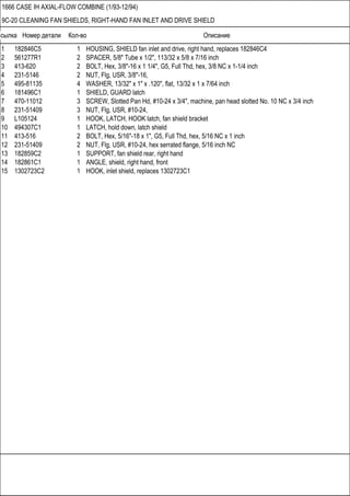 Ссылка Номер детали Кол-во Описание
1666 CASE IH AXIAL-FLOW COMBINE (1/93-12/94)
9C-20 CLEANING FAN SHIELDS, RIGHT-HAND FAN INLET AND DRIVE SHIELD
1 182846C5 1 HOUSING, SHIELD fan inlet and drive, right hand, replaces 182846C4
2 561277R1 2 SPACER, 5/8" Tube x 1/2", 113/32 x 5/8 x 7/16 inch
3 413-620 2 BOLT, Hex, 3/8"-16 x 1 1/4", G5, Full Thd, hex, 3/8 NC x 1-1/4 inch
4 231-5146 2 NUT, Flg, USR, 3/8"-16,
5 495-81135 4 WASHER, 13/32" x 1" x .120", flat, 13/32 x 1 x 7/64 inch
6 181496C1 1 SHIELD, GUARD latch
7 470-11012 3 SCREW, Slotted Pan Hd, #10-24 x 3/4", machine, pan head slotted No. 10 NC x 3/4 inch
8 231-51409 3 NUT, Flg, USR, #10-24,
9 L105124 1 HOOK, LATCH, HOOK latch, fan shield bracket
10 494307C1 1 LATCH, hold down, latch shield
11 413-516 2 BOLT, Hex, 5/16"-18 x 1", G5, Full Thd, hex, 5/16 NC x 1 inch
12 231-51409 2 NUT, Flg, USR, #10-24, hex serrated flange, 5/16 inch NC
13 182859C2 1 SUPPORT, fan shield rear, right hand
14 182861C1 1 ANGLE, shield, right hand, front
15 1302723C2 1 HOOK, inlet shield, replaces 1302723C1
 