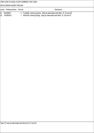 Ссылка Номер детали Кол-во Описание
*Item 37 may be alternated with Items 50, 51 and 52.
1666 CASE IH AXIAL-FLOW COMBINE (1/93-12/94)
9D-04 GRAIN AUGER TROUGH
51 581469R1 2 FLANGE, bearing retainer , May be alternated with Refs. 37, 50 and 52
52 1979642C1 1 SPACER, bearing flange , May be alternated with Refs. 37, 50 and 51
 